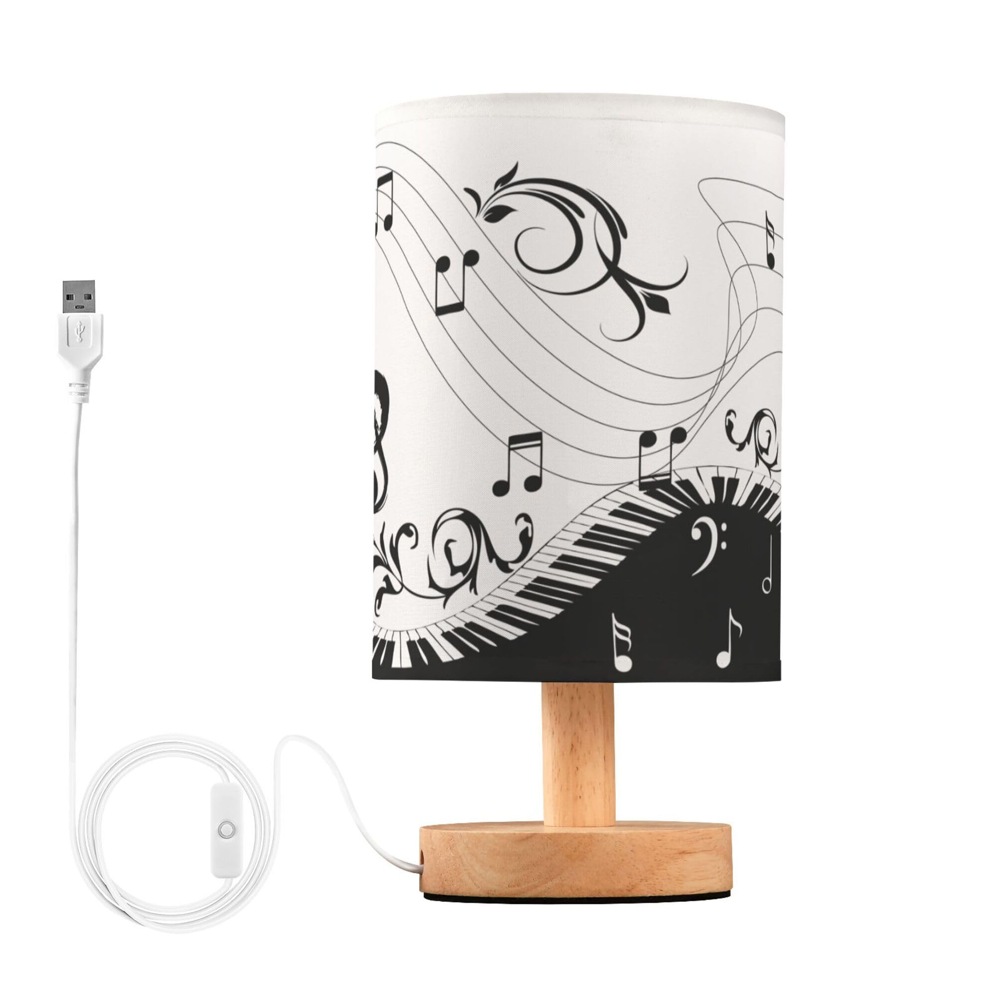 YYZZH Table Lamp Music Note Piano Keyboard with Floral Branch Pattern Musical Symbol Nightstand Lamp with Wood Base Fabric Lamp 