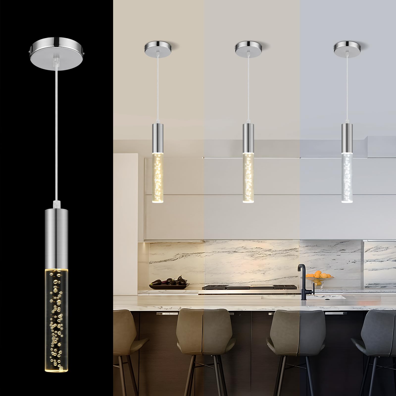 OTeedo 3 Pack Pendant Lights Kitchen Island,3 Color Modern LED Acrylic Bubble Crystal for Dining Room Light Fixture,Dimmable Pen