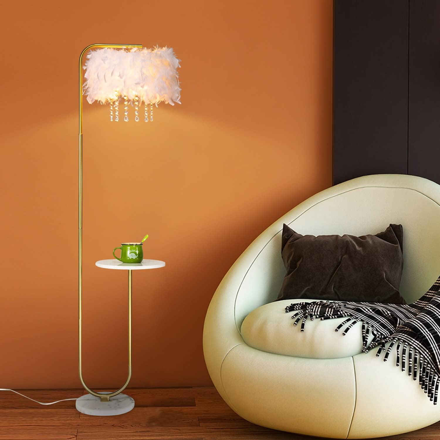 Beaysyty Unique Led White Feather Floor Lamp With Tray,Ostrich Feather Stand Lamp,Living Room Bedroom Office Shop Window Decorat