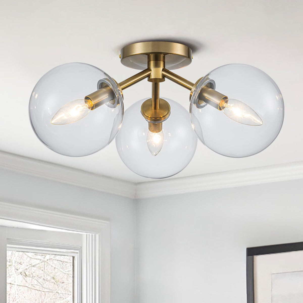 Kunlinzhu Gold Semi Flush Mount Ceiling Light Fixture, 3 Light Clear Globe Mid Century Modern Light Fixtures For Bedroom,Entrywa