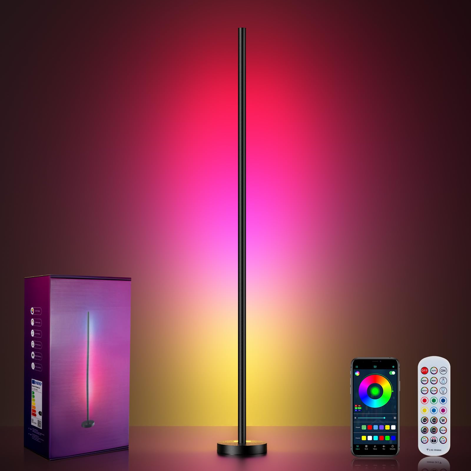 OIYN Smart RGBICW LED Corner Floor Lamp - 16 Million DIY Colors, 68+ Scenes, Music Sync, App & Remote Control, Color-Changing Am