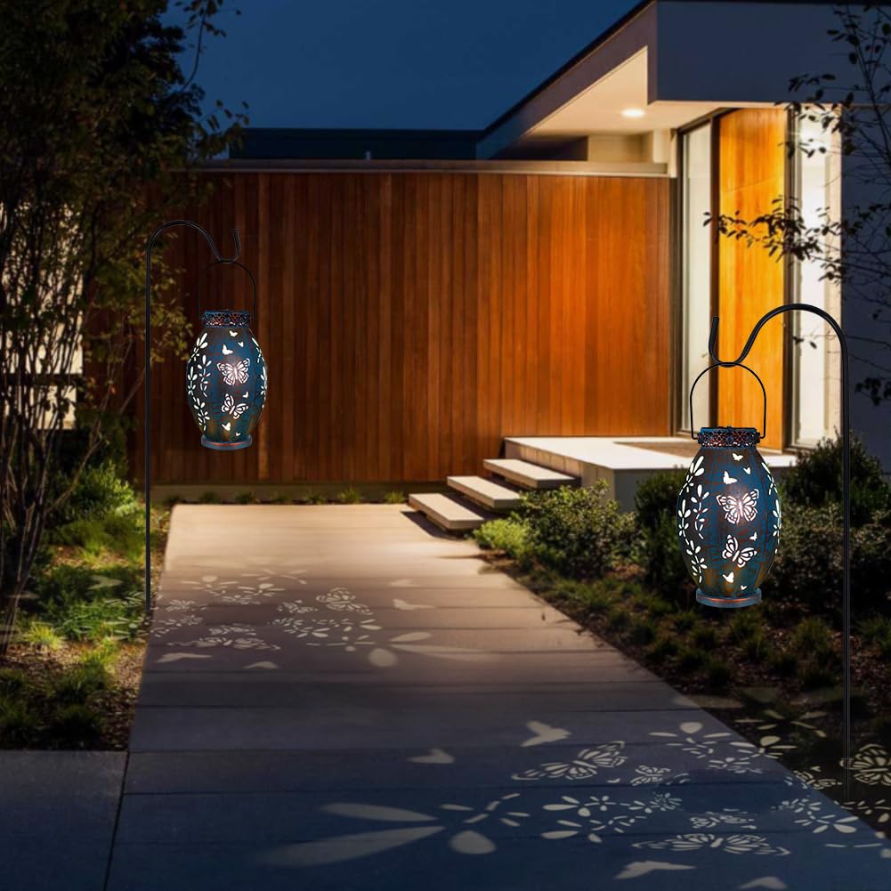 Stargarden 2Pack Outdoor Solar Lanterns, Hollow Out Metal Garden Light Decorative Hanging Solar Lights, Solar Lanterns Outdoor Waterproof For Patio, Lawn, Yard( Blue)