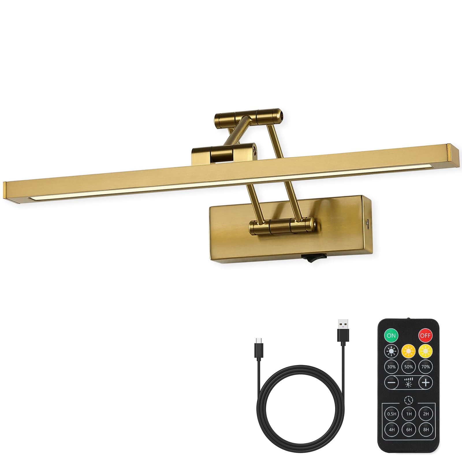 Joossnwell Battery Operated Picture Light with Remote Wireless Art Lights for Paintings Brass Gallery Light Dimmable & Timer Rec