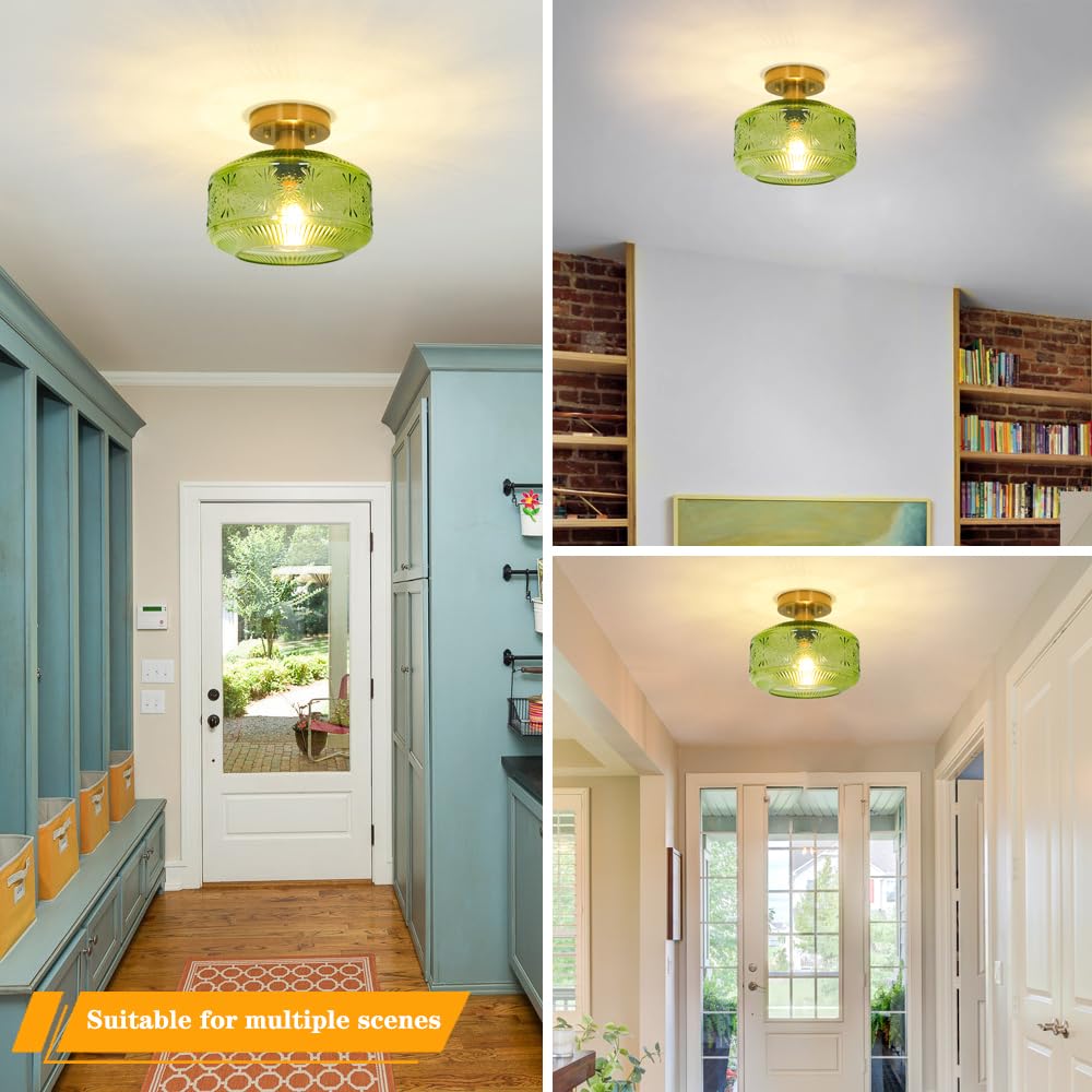 Semi Flush Mount Ceiling Light, Vintage Small Ceiling Light Fixture, Thickened Glass Hallway Light Fixture, Brass Kitchen Ceilin