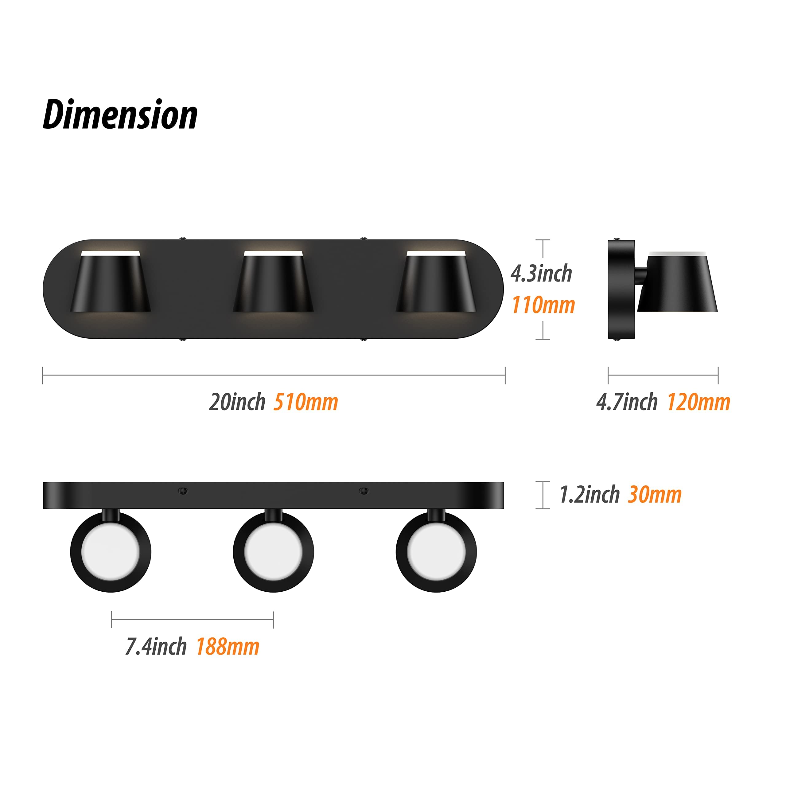 URSOLA 3 Light Bathroom Vanity Light - LED Dimmable Fixtures, Black, 20" Up and Down Rotatable, Model 7540-3T