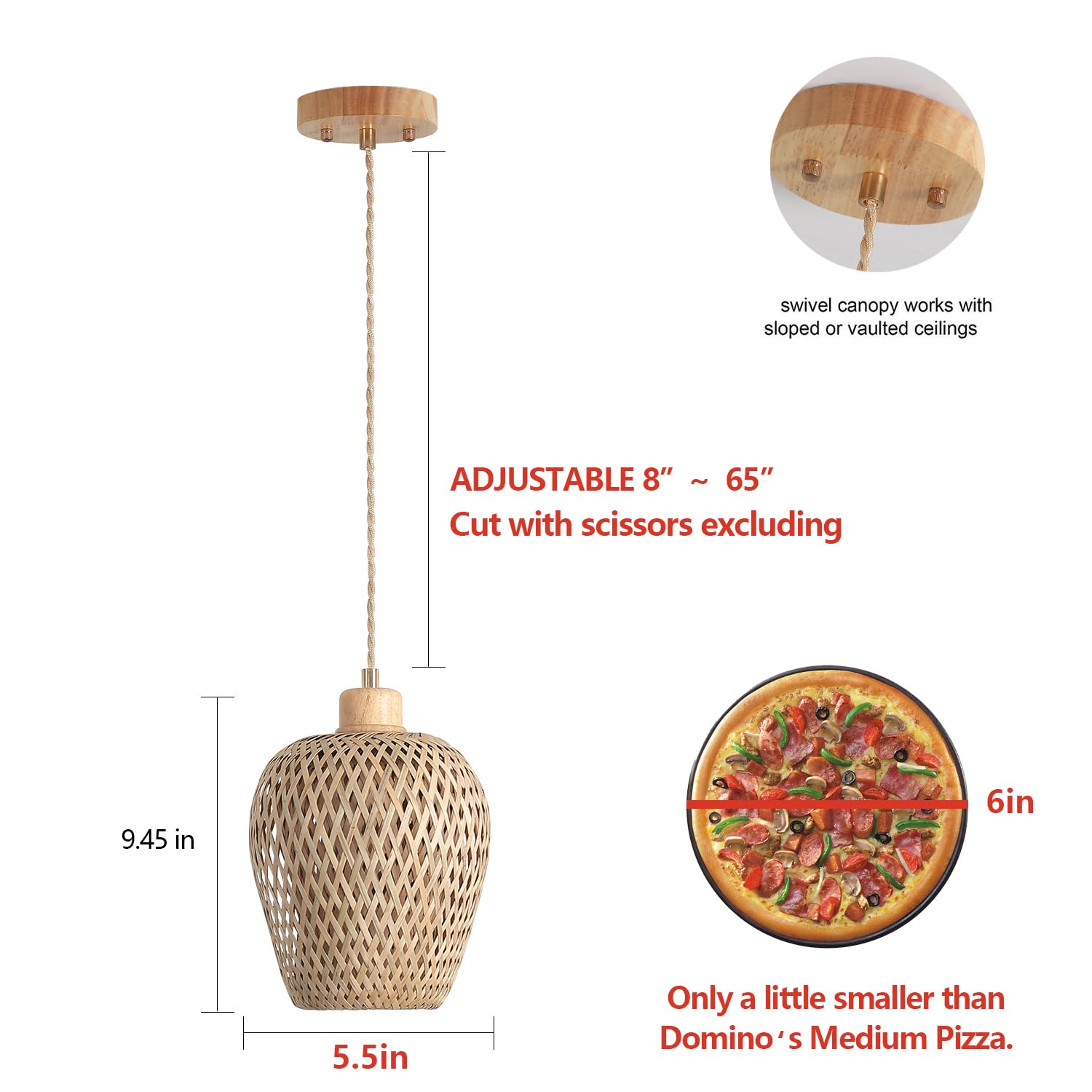 Hchunqjor Bamboo Pendant Light Fixture, One-Light Adjustable, Handmade Woven, Small Size, Natural Color, Model 3606-1