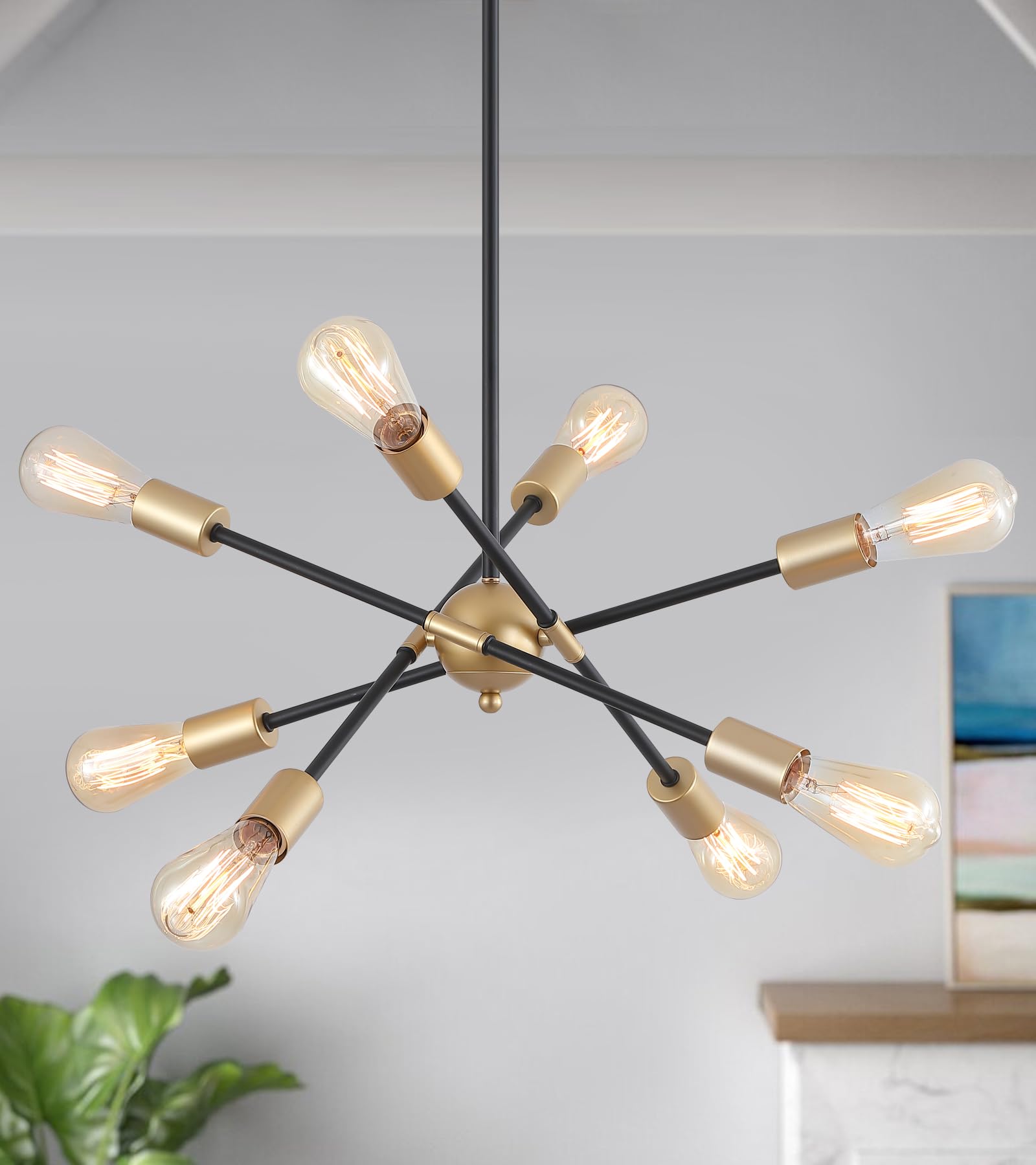 MEIXISUE 8 Lights Dining Room Light Fixtures Modern Sputnik Chandelier Black and Gold Mid Century Pendant Light for Kitchen Isla