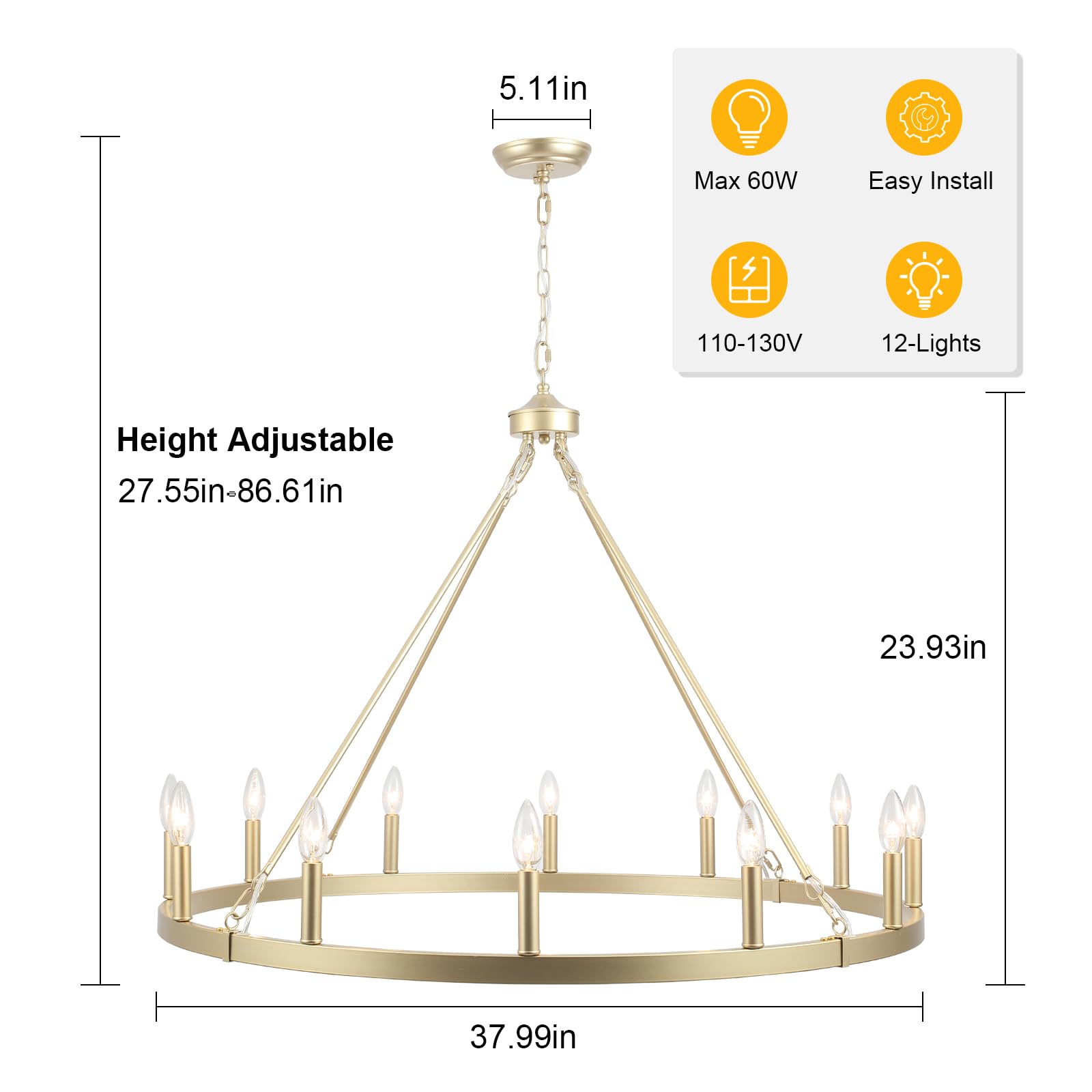 Zjvaive Gold Wagon Wheel Chandelier Diam 38 12 Lights Modern Farmhouse Round Chandeliers For Dining Room Rustic Vintage Pendant