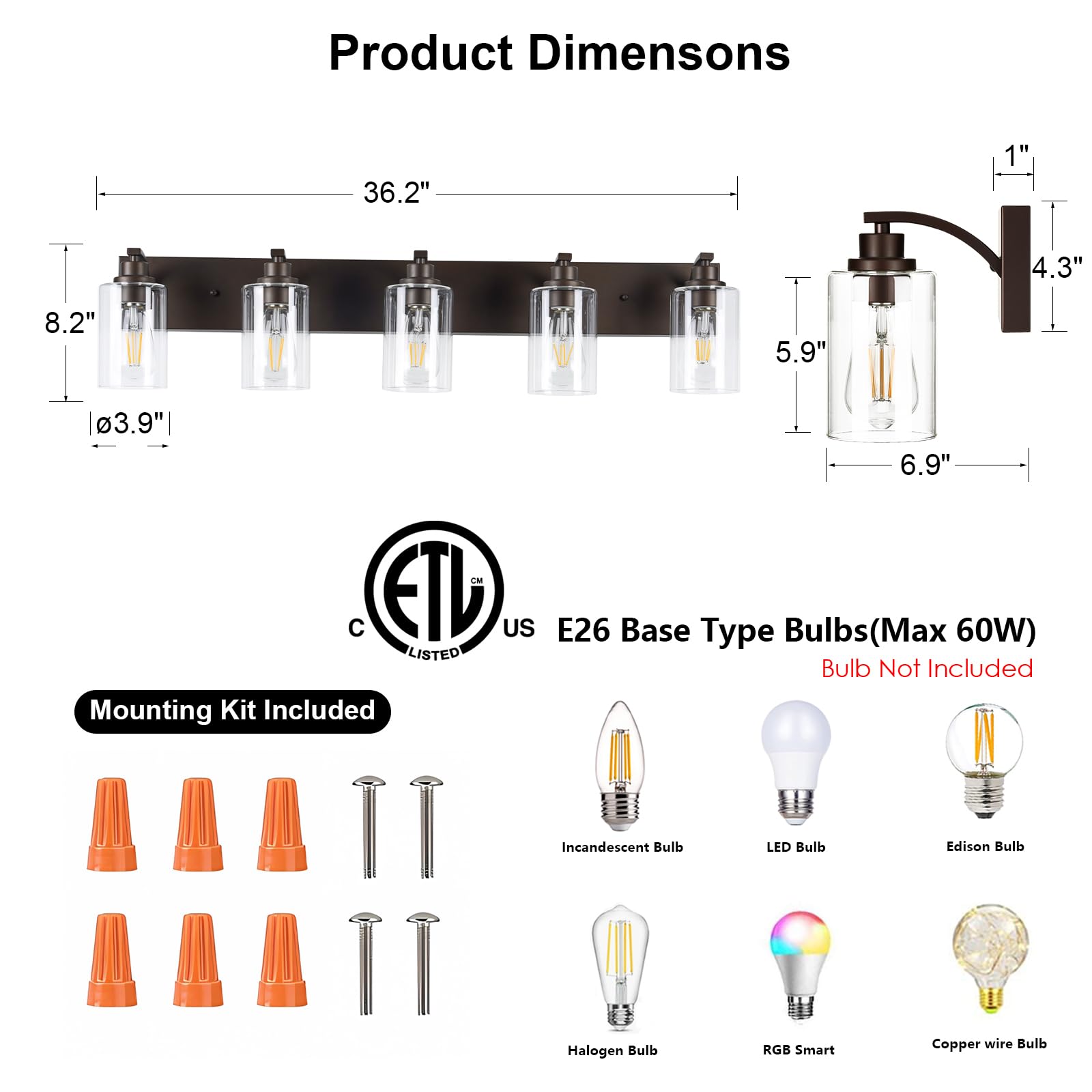 Alaislyc 5-Light Bathroom Light Fixtures Modern Orb Vanity Lights For Bathroom Lighting Fixtures Over Mirror With Clear Glass Shade For Cabinet Mirror Bedroom Hallway