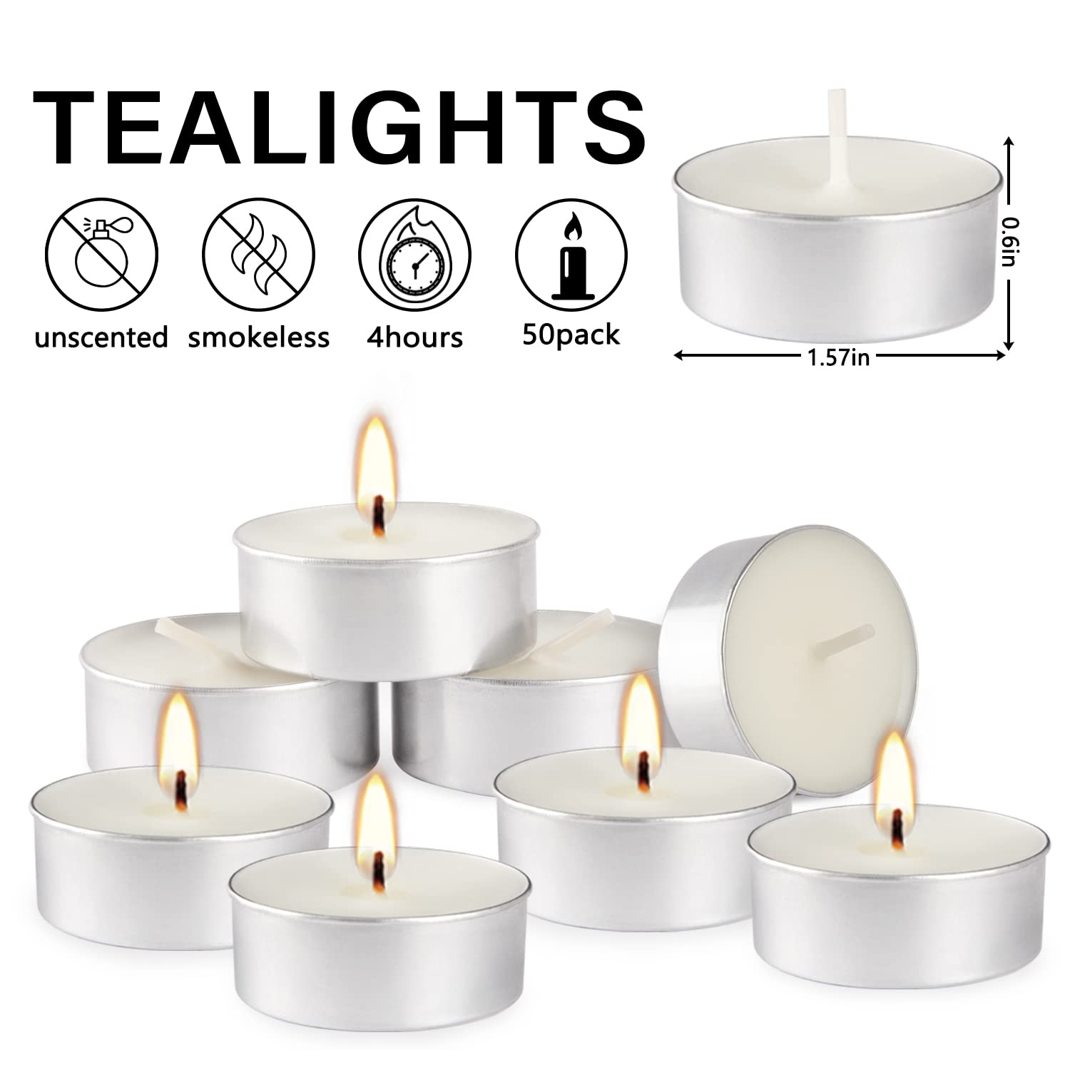 50Pcs Unscented Tealights Candle, White Paraffin Tea Lights Candles 4 Hours, Small Votive Candle For Weddings Anniversaries Emergencies