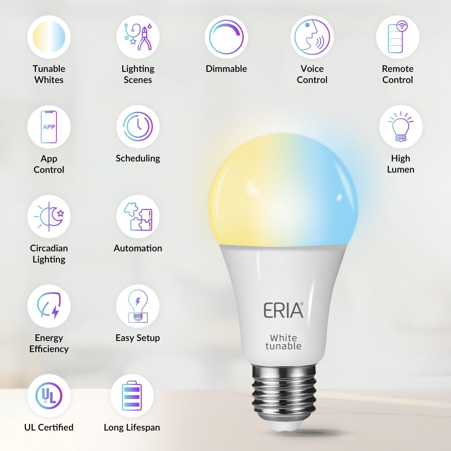 ERIA Smart Light Bulbs A19 ZigBee 1100 Lumens Tunable White 2-Pack Extra Bright Warm to Cold White Model 81809-V2