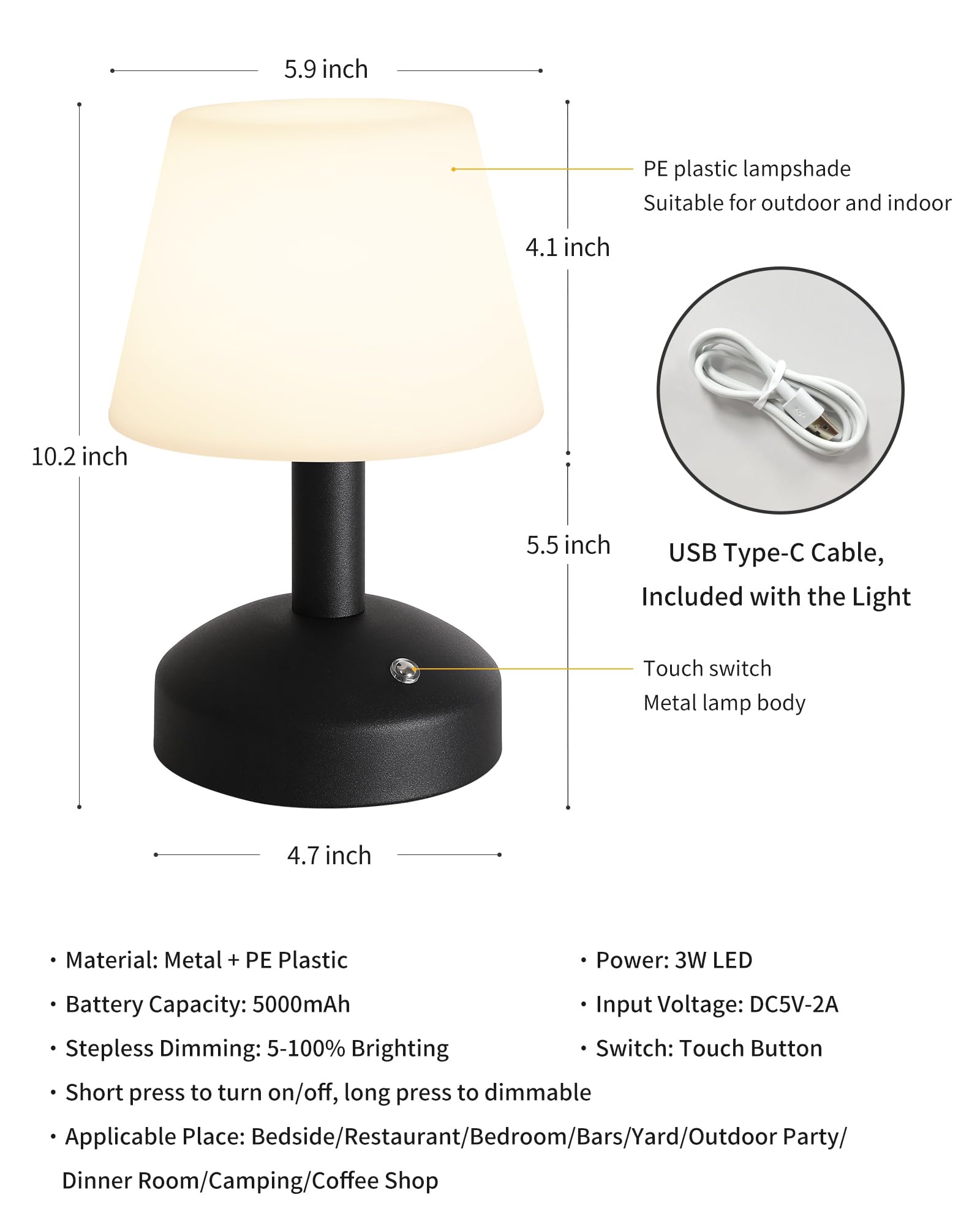 KDG Modern Cordless Table Lamp - Portable LED, Dimmable, 5000mAh Battery, Black & White PE Plastic, Model AMZ-TBL-012