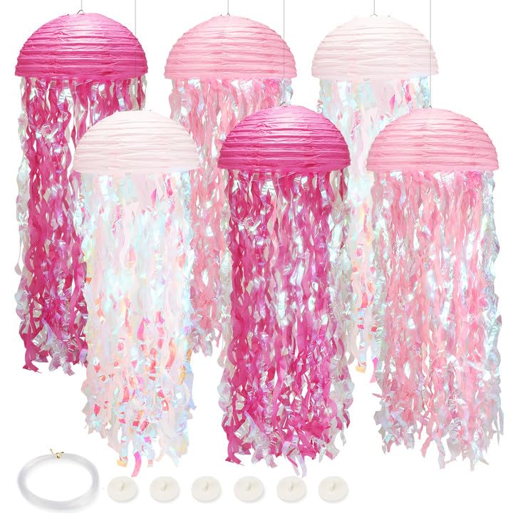 6pack Pink Jellyfish Paper Lanterns, Under The Sea Party Decorations with Hooks+Rope, Hanging Jellyfish Paper Lanterns for Mermaid Party Ocean Beach, Birthday Party Baby Shower Baby Room