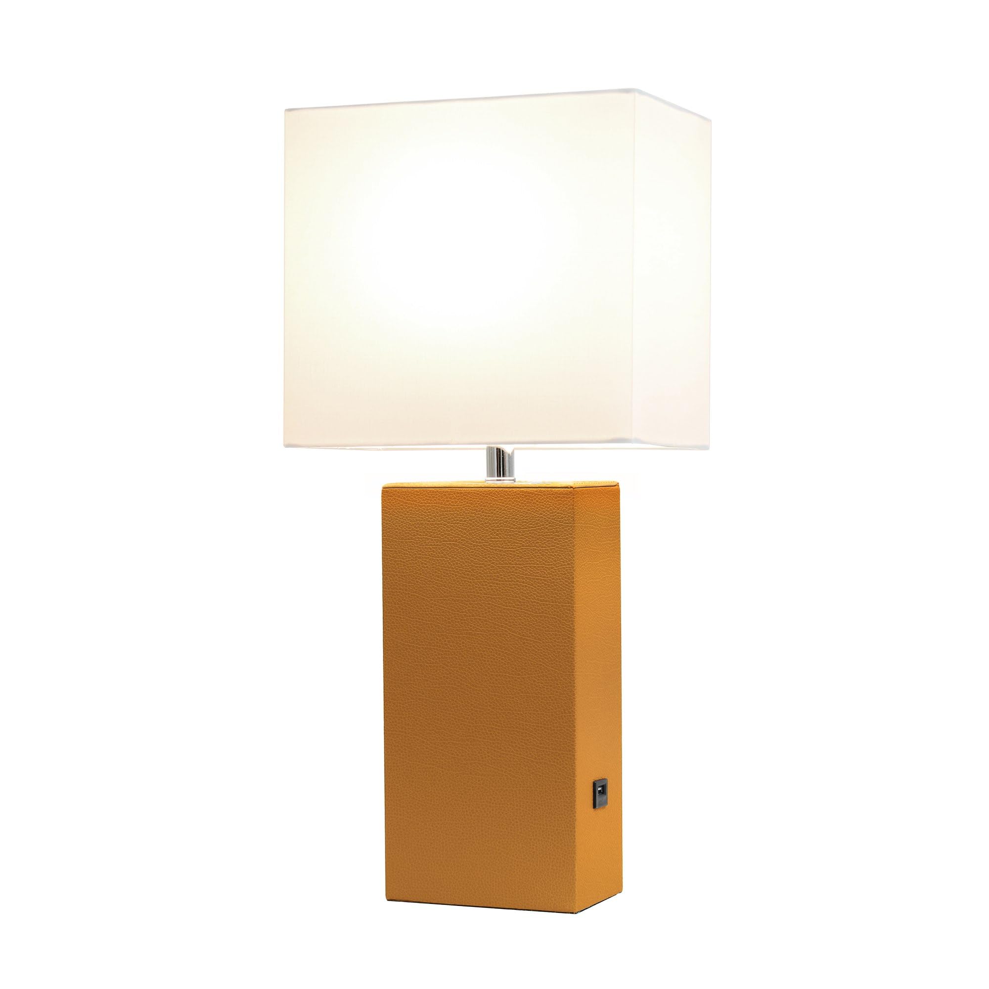Elegant Designs Lt1053-Tan Modern Leather Usb And White Fabric Shade Table Lamp, Tan (Pack Of 1)