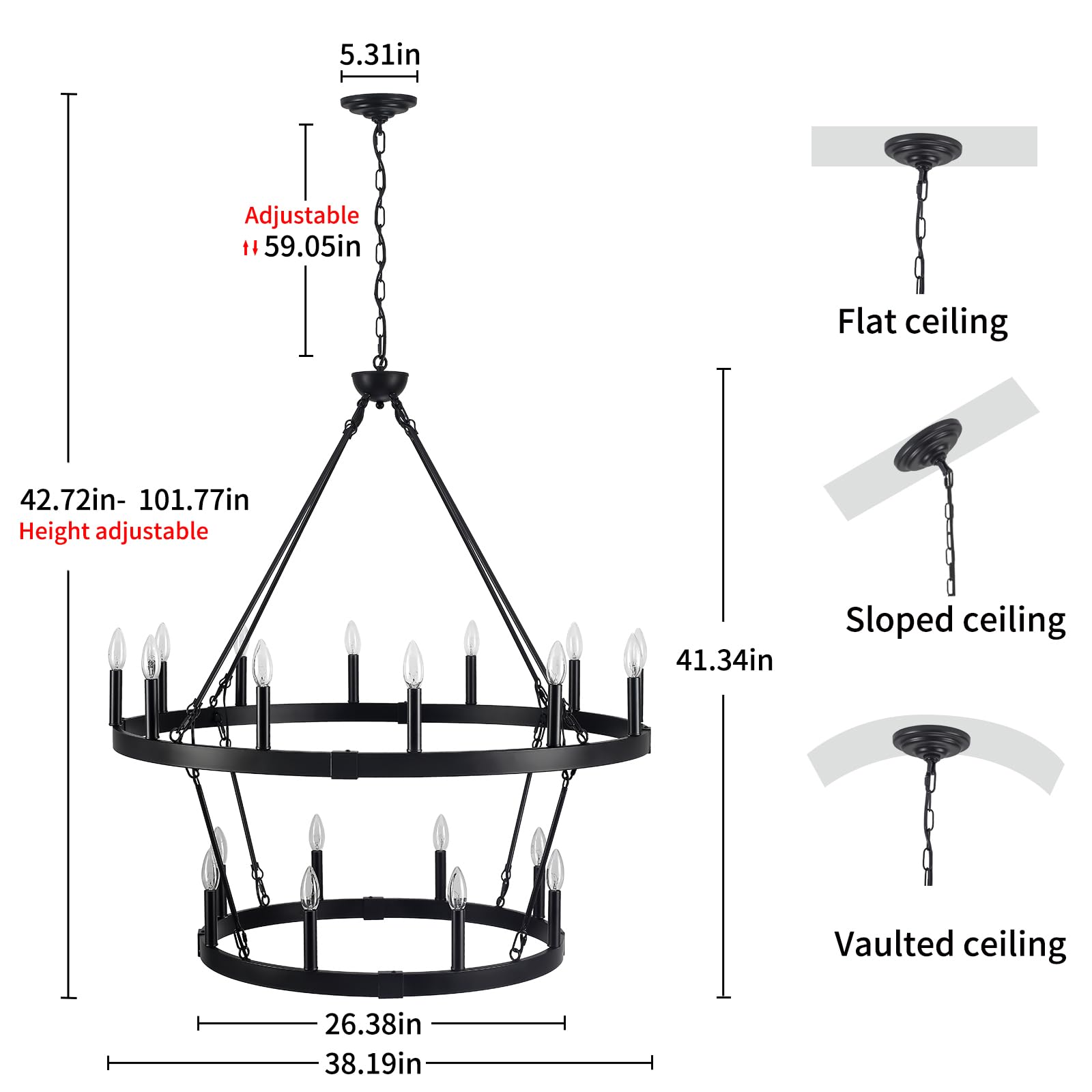 Rviezza 20-Light Black Wagon Wheel Chandelier, 38.19" Farmhouse Lighting for High Ceilings, Ideal for Dining Room, Living Room, Kitchen