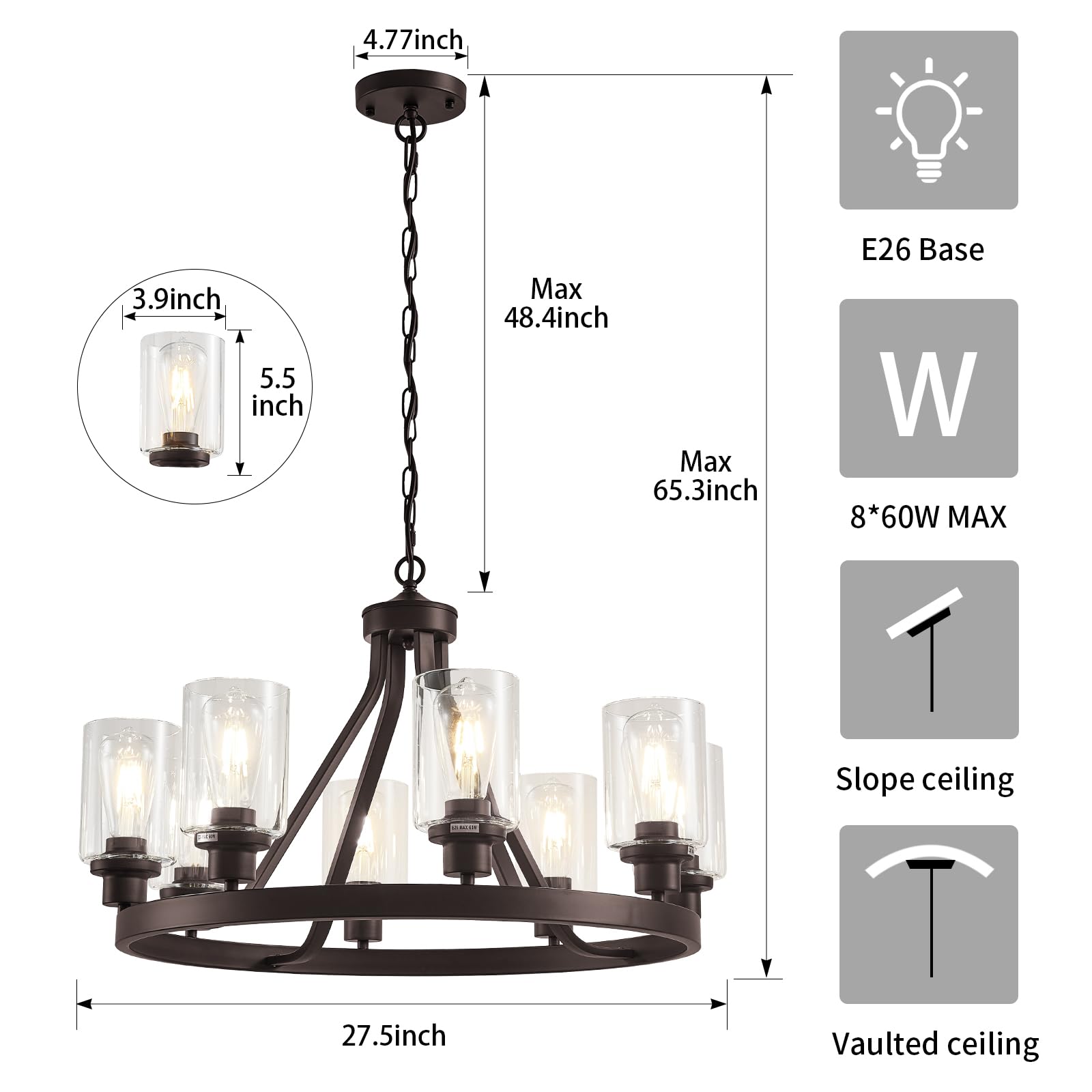 Lanhall 8-Light Chandelier, Oil-Rubbed Bronze Metal, Adjustable Height, Model 1066, Glass Globes, Rustic Ceiling Pendant Light