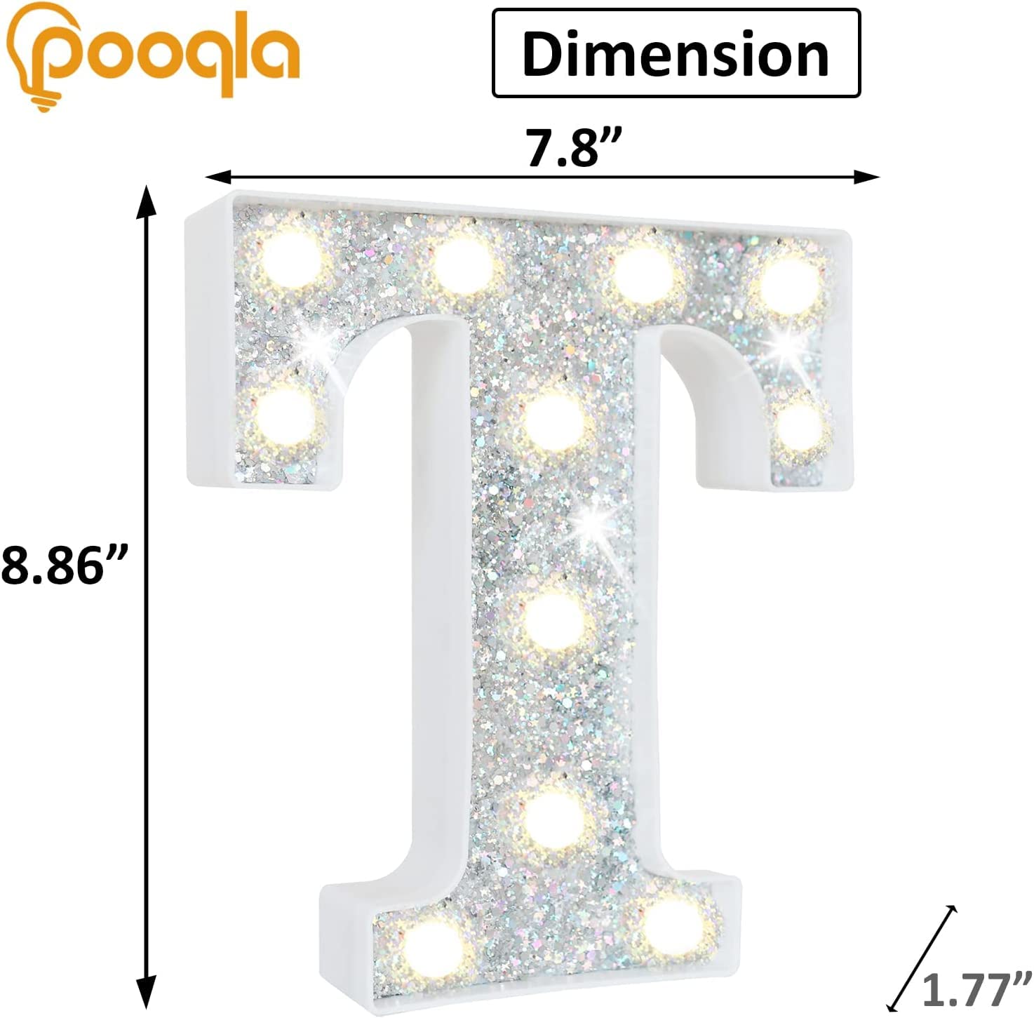 Pooqla Silver LED Marquee Letter T Lights, Colorful Battery Operated, 16 Colors, Glitter Alphabet Sign for Parties and Decor