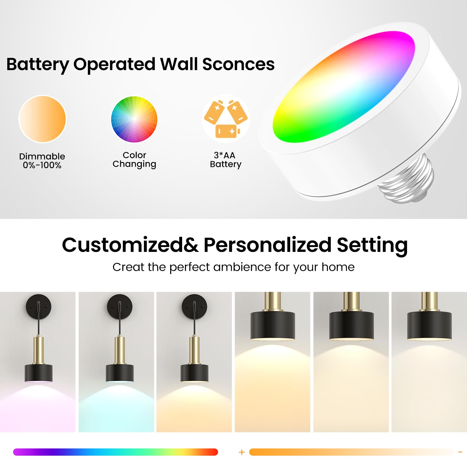 Eclipterra Dimmable RGB Wall Sconce Set of 2, Battery Operated Metal Lamps for Bedroom Living Room, Black, Model EC-Wall Sconce 05