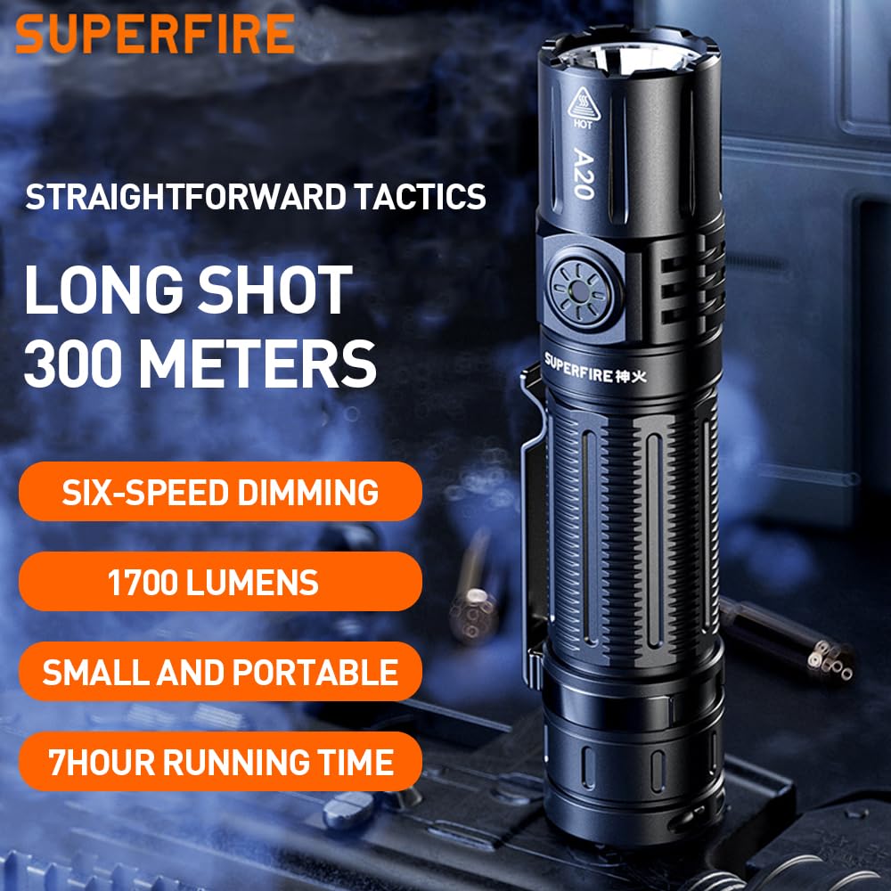 SuperFire Flashlights High Lumens Rechargeable, 2000 Lumens EDC Flashlight with Clip & Lanyard, 6 Modes, IP 44 Waterproof Powerf