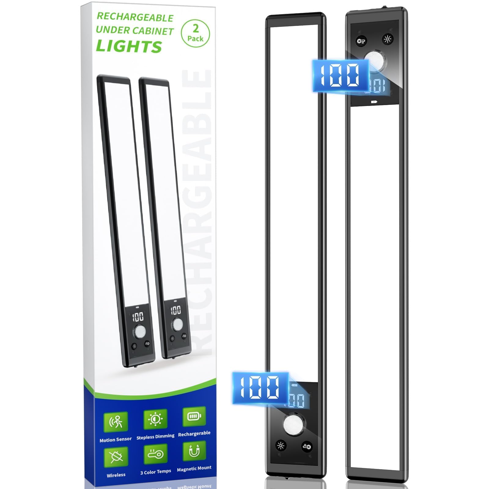 Mpotmiy 2 Pack 12 Under Cabinet Lights with Digital Display 2200mAh Rechargeable Motion Sensor Light Indoor 3 Color Temperatures  Magnetic Dimmable Closet Lights  Under Counter Light for Kitchen