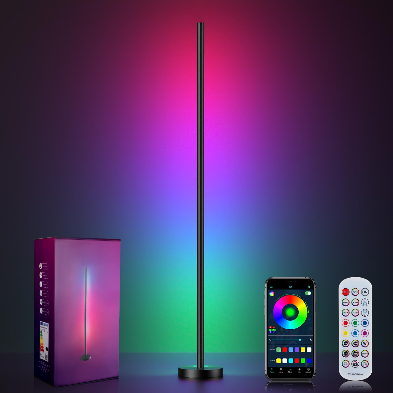 Corner Floor Lamp, LED Corner Lamp with App and Remote Control, RGBICW 16 Million DIY Colors & 68+ Scene, Music Sync, Color Chan