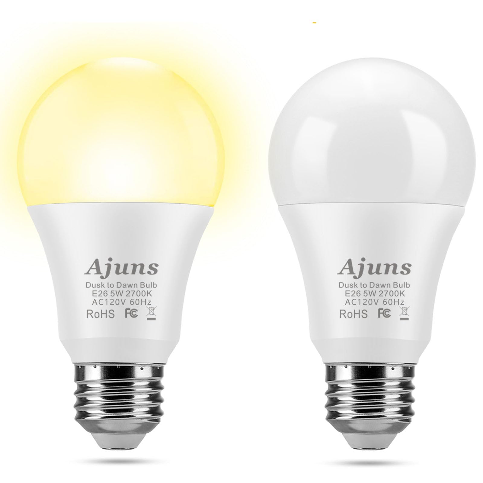Ajuns Dusk To Dawn Led Light Bulb, 5W E26, 2700K Warm White, 2-Pack, Automatic On/Off, Ideal For Porch & Garage Lighting