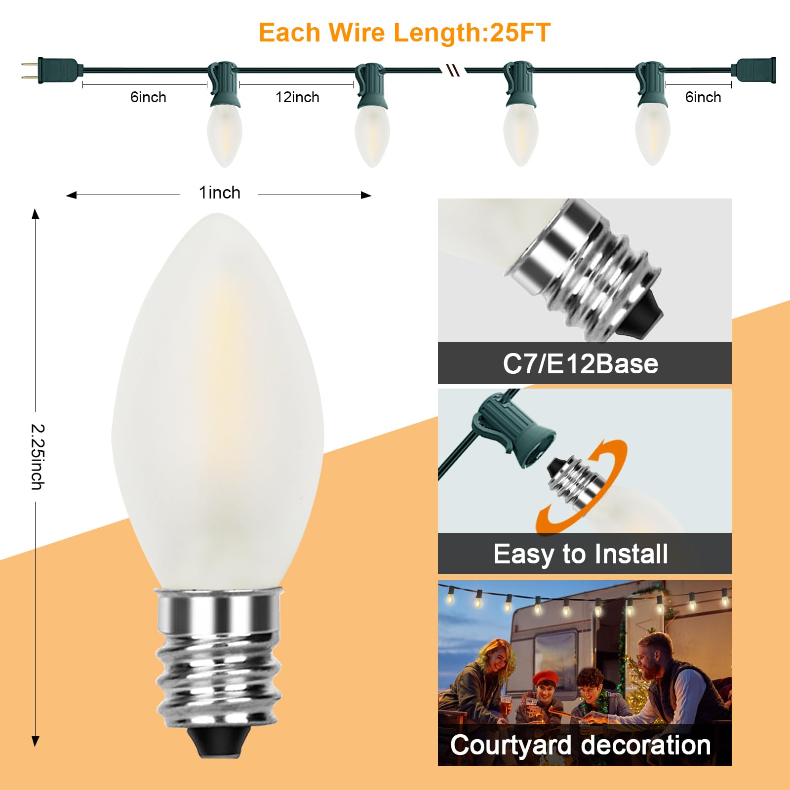 C7 Led Frosted White String Lights Outdoor 25Ft Christmas Decorations String Lights With 27 Led Frosted White Bulbs Hanging Vint
