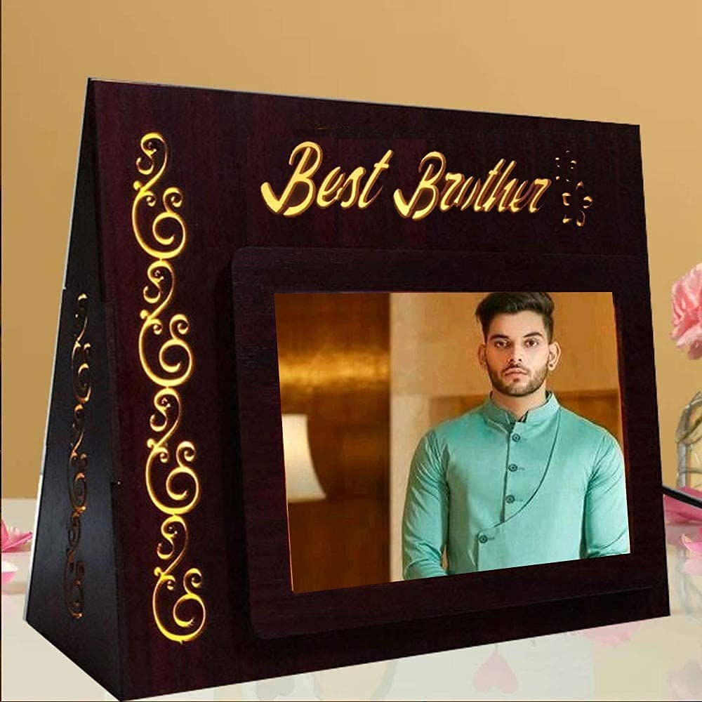 Wood Gift Jaipur Personalised Best Brother Photo Led Lamp Frame - Perfect Birthday Rakhi Gift For Bhai, Pack of 1 (Brown)