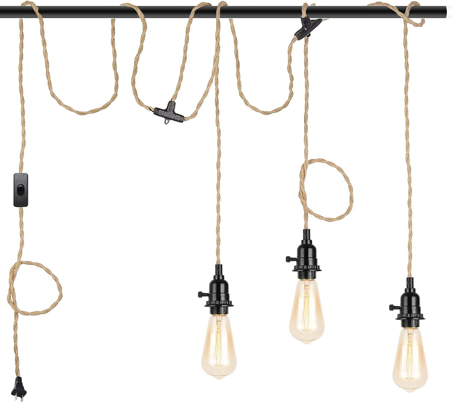 KENMI 3-Light Hanging Light with Plug in Cord,Plug in Pendant Light 22ft Hemp Rope Pendant Lighting Vintage 3-Light Hanging Lamp Fixtures for Kitchen Island Living Room Bedroom