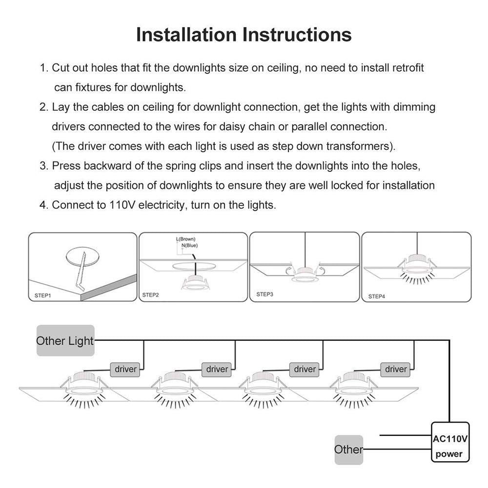 YGS-Tech LED Recessed Lighting 3 Inch Dimmable Downlight 5W 3000K Warm White, 4 Pack, Plastic