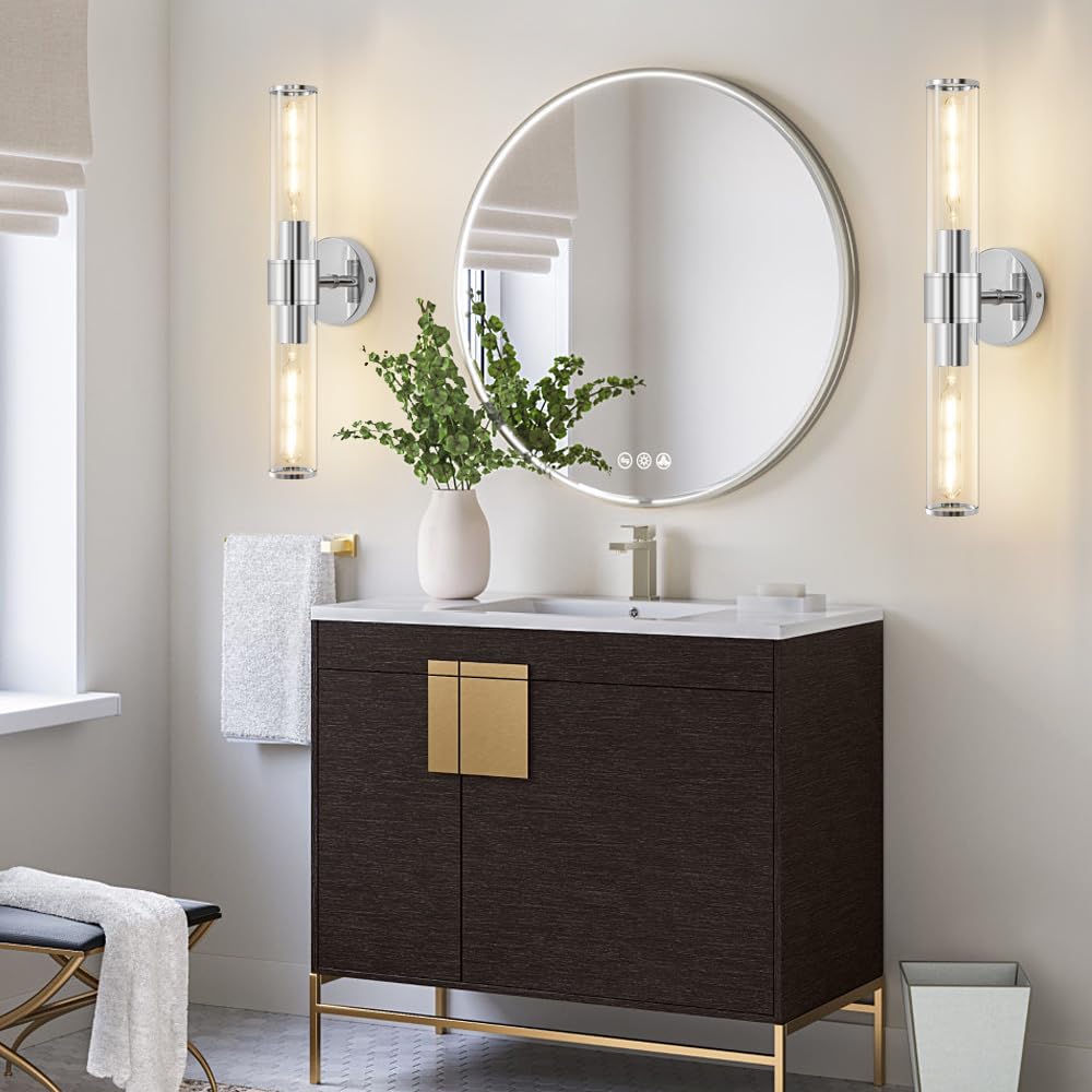Vaziden Chrome Wall Sconce  Bathroom Light Fixtures In Clear Glass Indoor Wall Sconces  Modern Sconce Wall Lighting Up And Down Vanity Lights Fixtures For Bathroom Living Room - Bulb Not Included