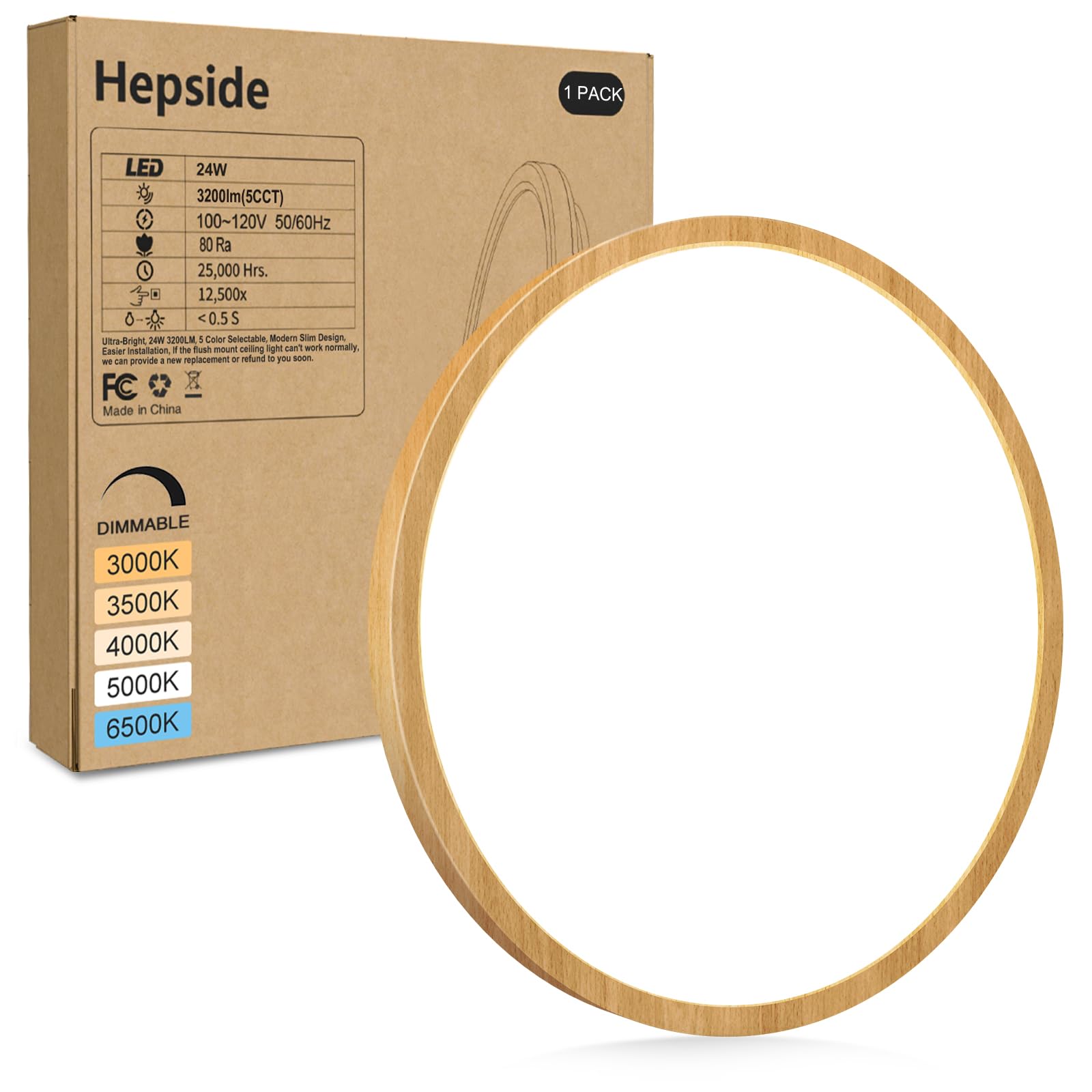 hepside 1Pack LED Flush Mount Ceiling Light Fixture  12Inch 24W  Dimmable&3000K/3500K/4000K/5000K/6500K Adjustable Low Profile Ceiling Lights  Round Flat Ceiling Light for Closet Kitchen Hallway-Wood