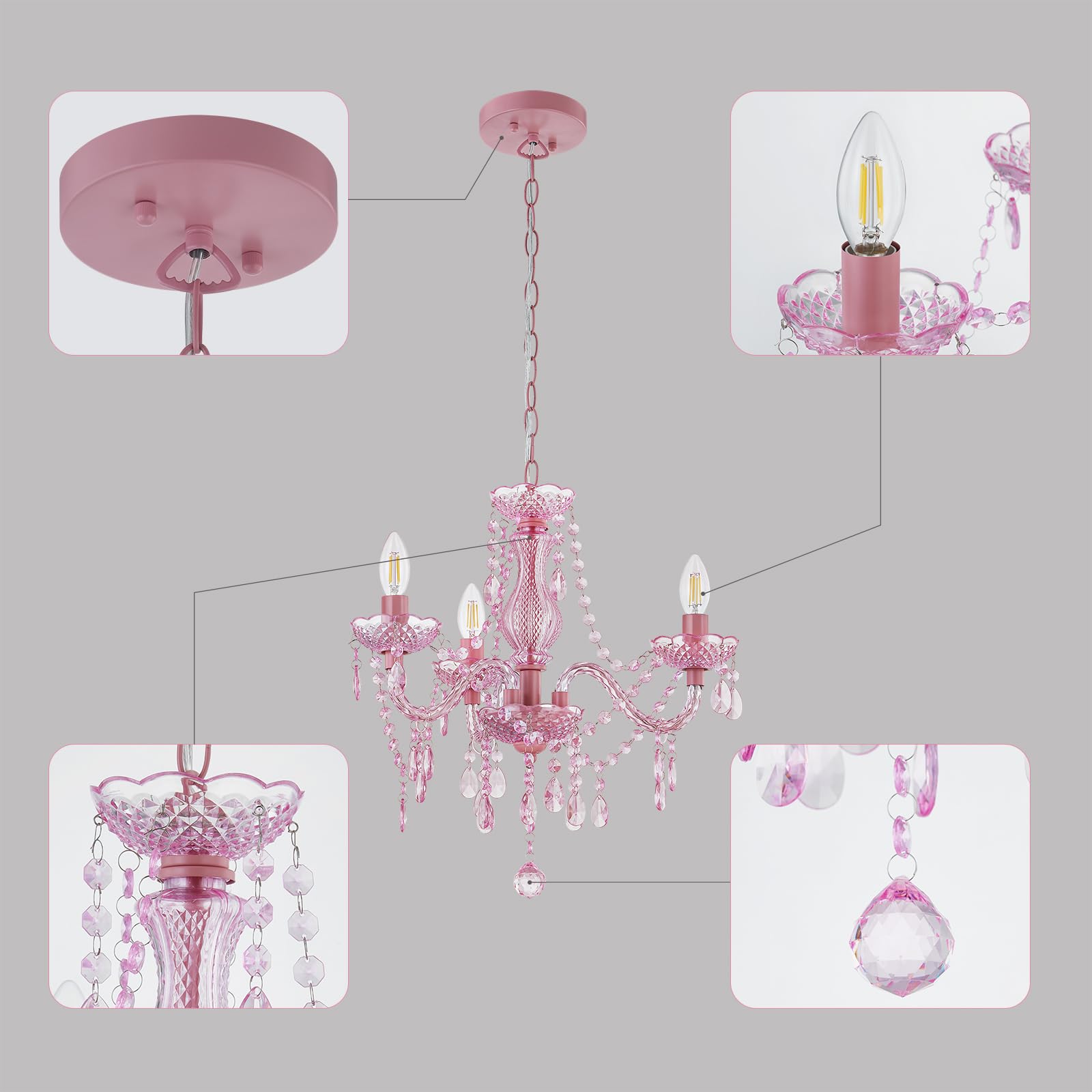 Luvkczc Crystal Chandelier, 3-Light Modern K9 Pendant Lighting, Small Size, Pink Acrylic, Model 0294