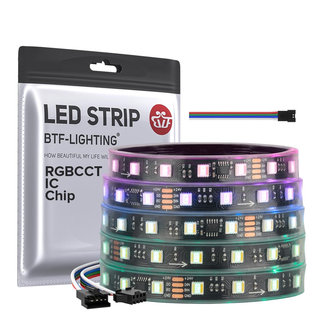 BTF-LIGHTING WS2805 IC RGBCCT Addressable Dual Data LED Band 5050SMD 16.4FT 60LED/m 10Pixel/m 5 Colors in 1 Chasing Color RGB+CCT 3000K-6500K Lights Band IP67 DC24V(No Adapter or Controller)