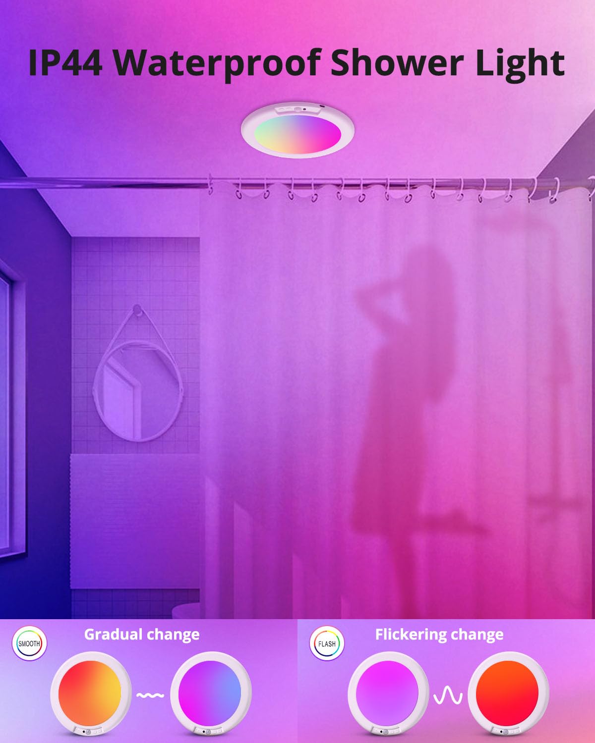 Wowatt 13 Colours Battery Operated Ceiling Light, Rechargeable Motion Sensor Light Indoor Wireless Shower Light With Remote, 7.4