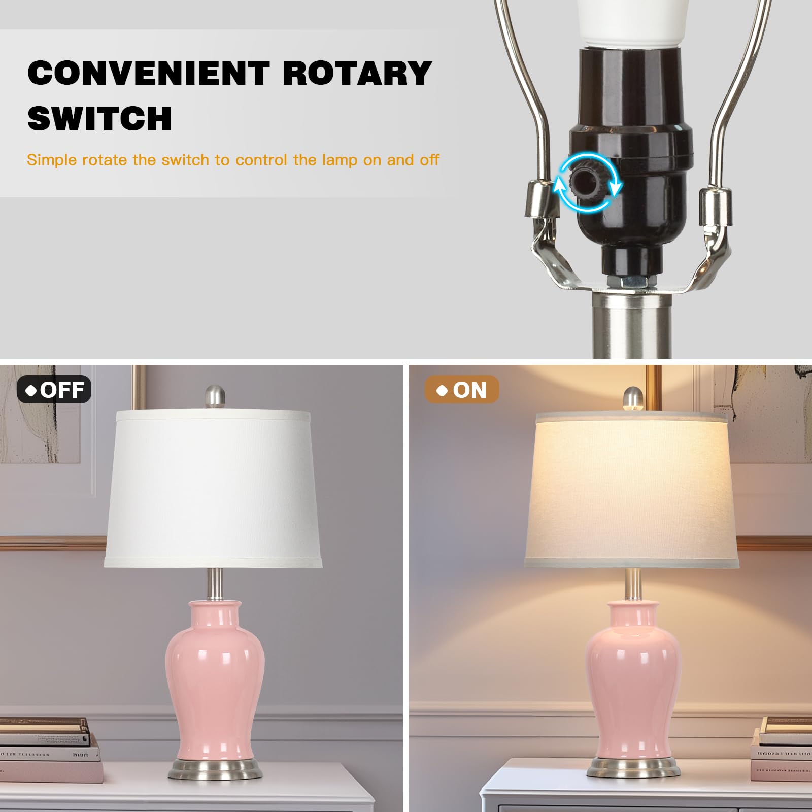 23'' Ceramic Table Lamps Set Of 2, Modern Ceramic Lamps For Living Room, Cute Bedside Lamps With Ginger Jar Design, Elegant Bedr