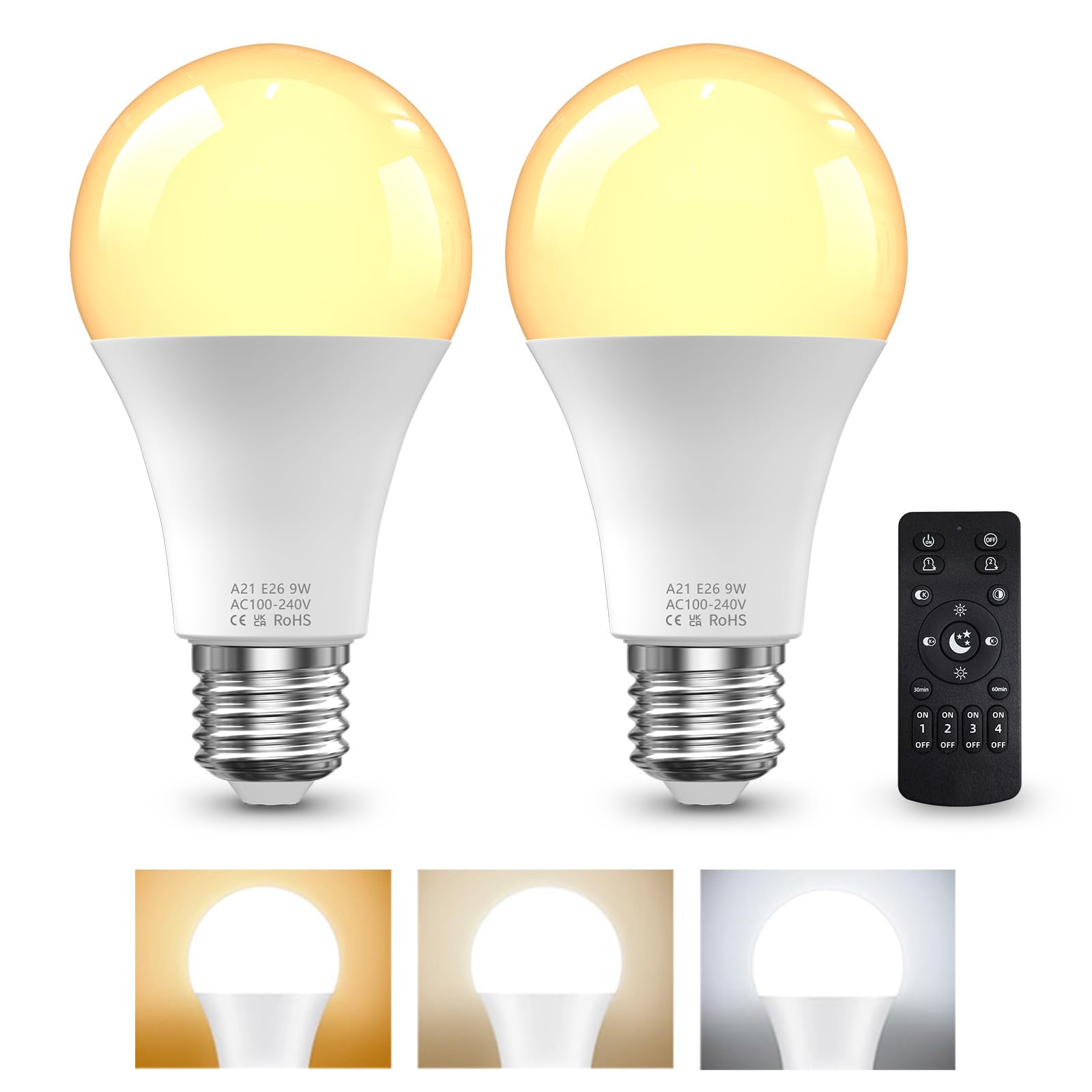 E26 LED Light Bulbs with Remote Control, 9W LED Bulbs 60W Equivalent, 3000K-6000K Stepless Dimmable, E26 Base, Remote Control Li
