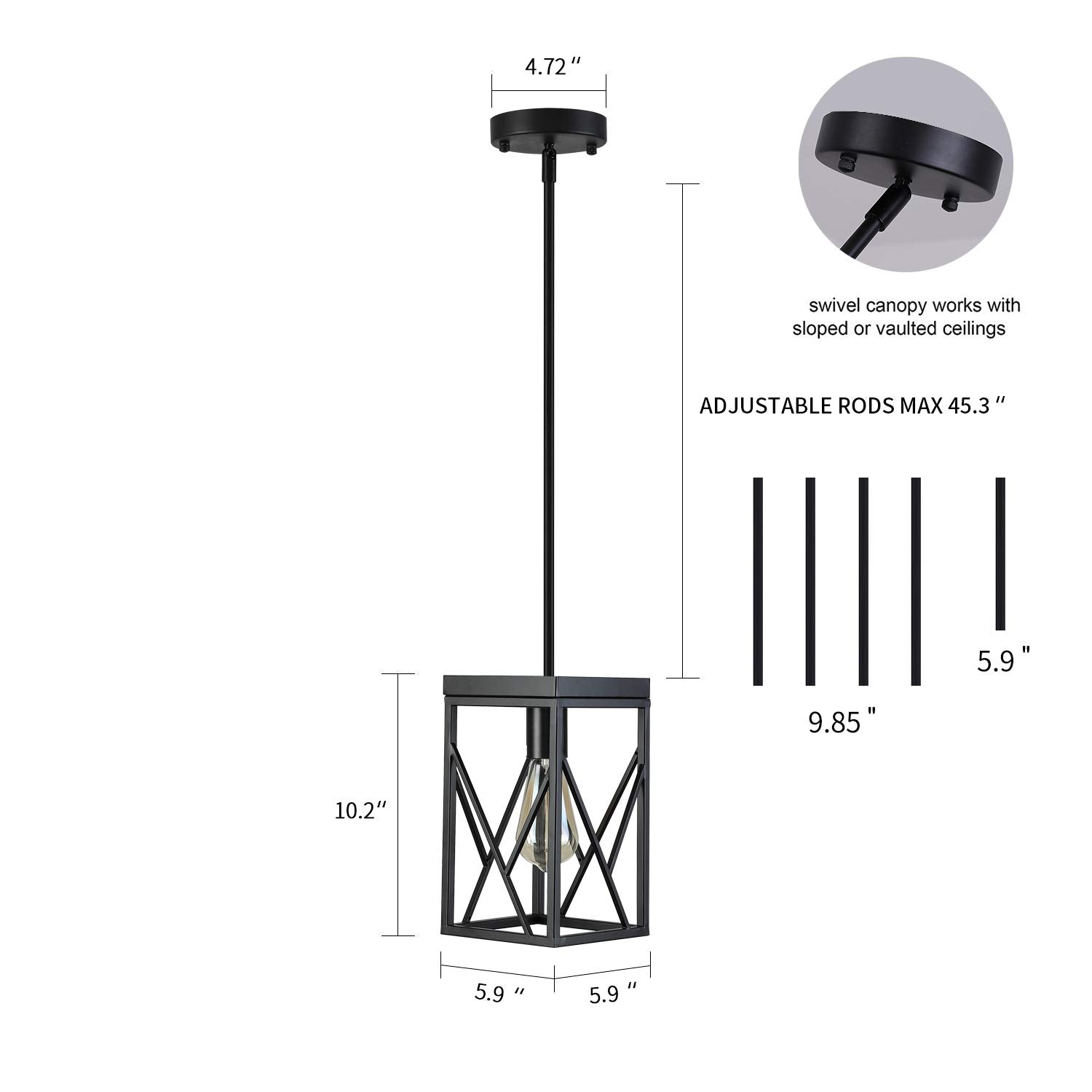 Fivess Lighting Modern Mini Pendant Light, One-Light Metal Cage Fixture, Adjustable Rods, Black, Model CA5201-2