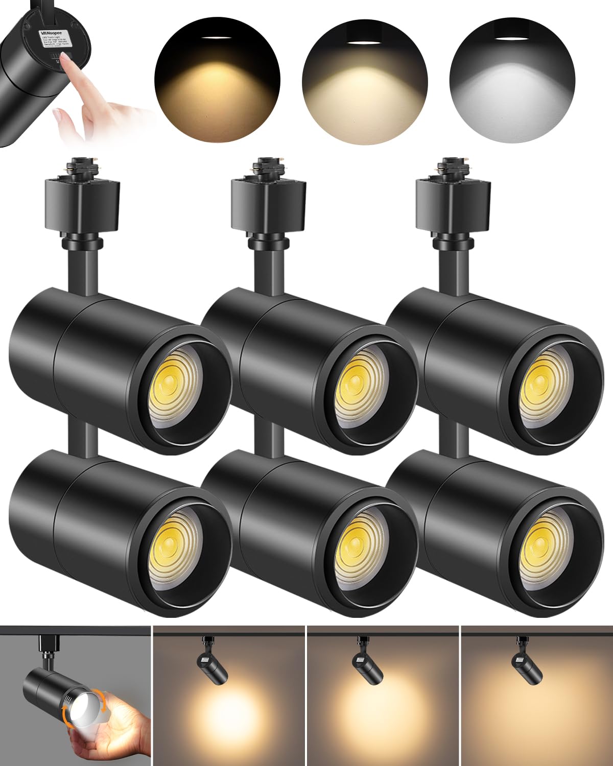 Vanoopee 20W Dimmable Led Track Lighting Heads, 3-Color Adjustable, 6 Pack, Black, Cr