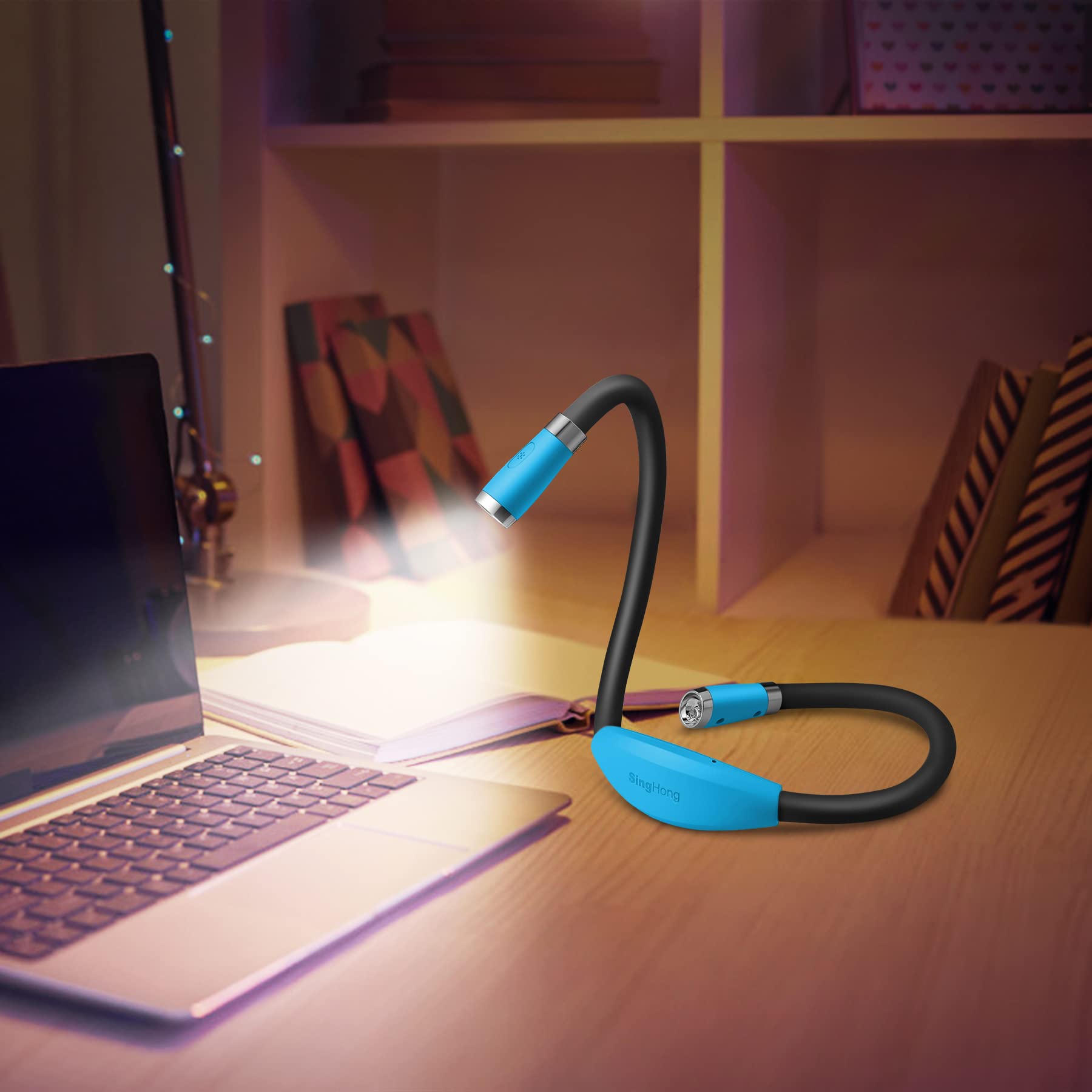 Singhong Usb Rechargeable Neck Book Light - 4 Led Bulbs, Adjustable Brightness, Small, Blue, Model Shnbl-B1