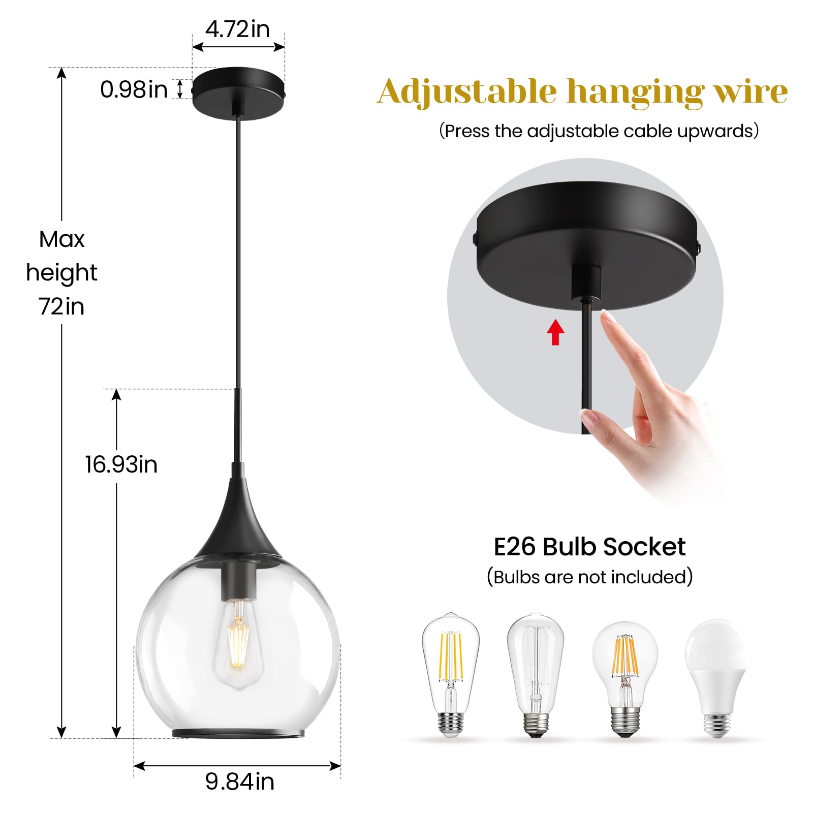 Hahzt Pendant Lights Kitchen Island: 3 Pack Black Light Fixture Modern With Clear Glass - 10 Inch Mid Century Globe Kitchen Ligh