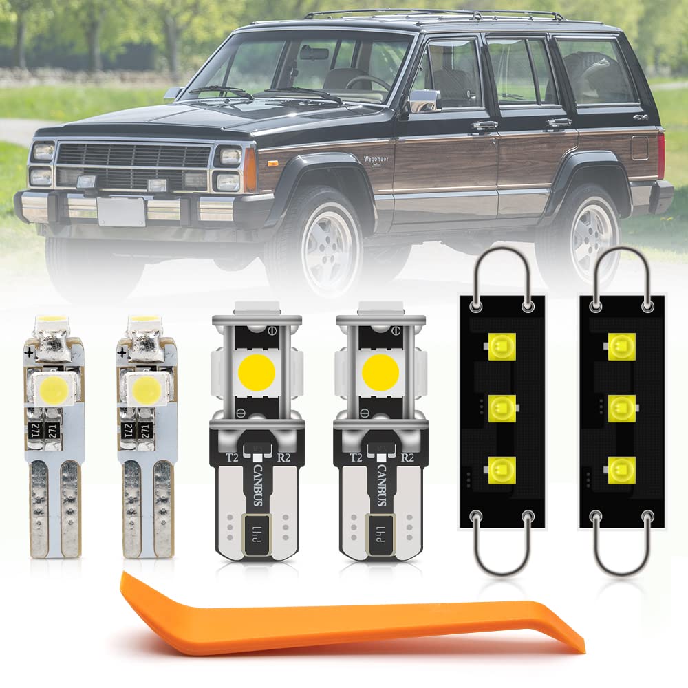 9Pcs Led Interior Lights Bulb Kit For Jee'P Cherokee Xj 1984 1985 1986 1987 1988 1989 Super Bright White Led Interior Light Bulbs Map Dome Footwell Lights Bulbs Package + Install Tool