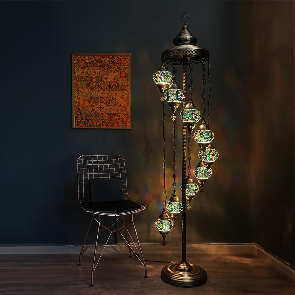 Asylove Turkish Lamp 9 Globe Mosaic Floor Lamp, Mosaic Standing Lamp 9 Globe Mosaic Moroccan Lamps Floor Lamp For Decorative Home Designs Offer 5 Inch Globe - Total Height 70 Inch (Green)