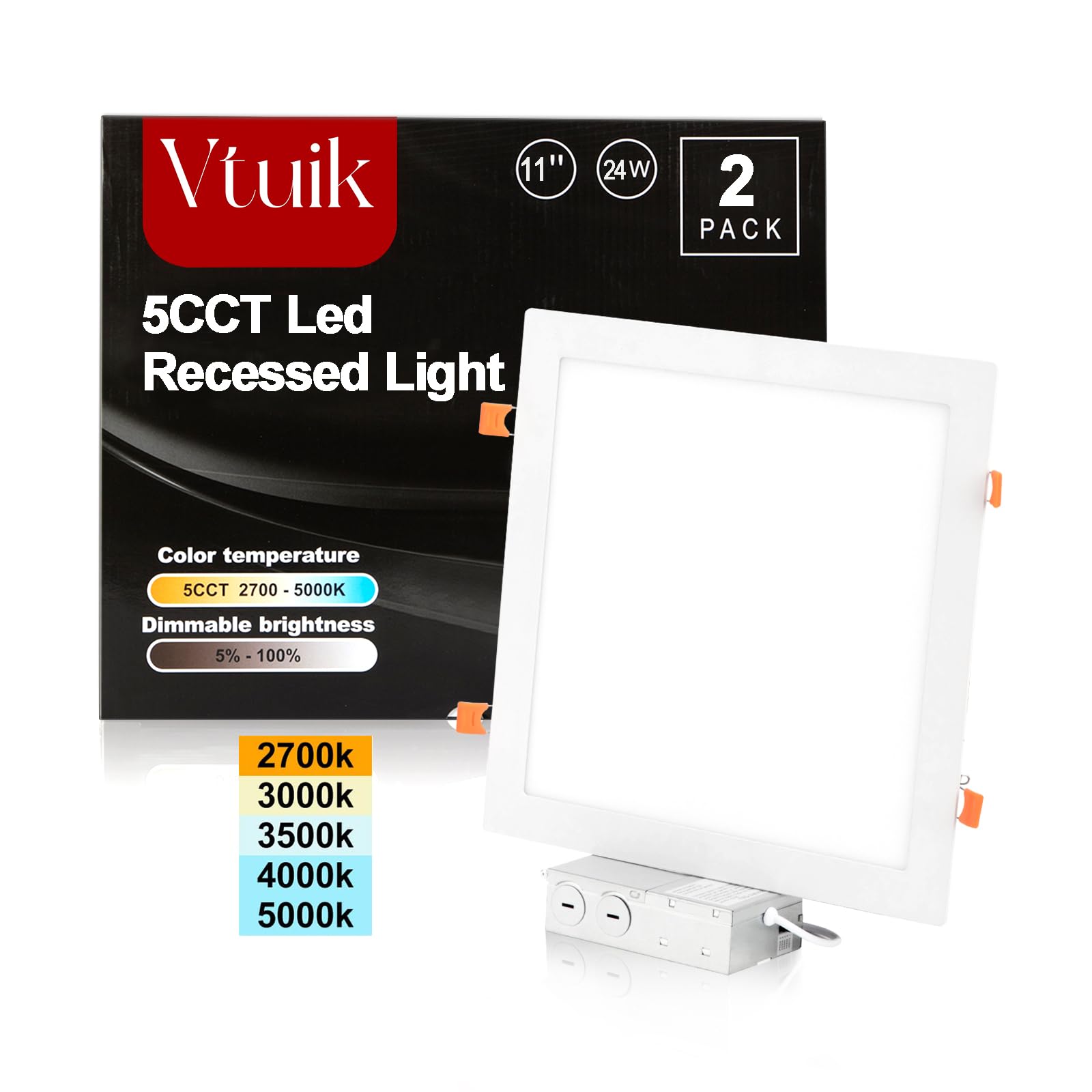 Vtuik 2 Pack 11 Inch 24W Dimmable Square Led Can Light Retrofit With Junction Box, 1920Lm/Cri85 Ultra Thin Led Downlight 5Cct 27