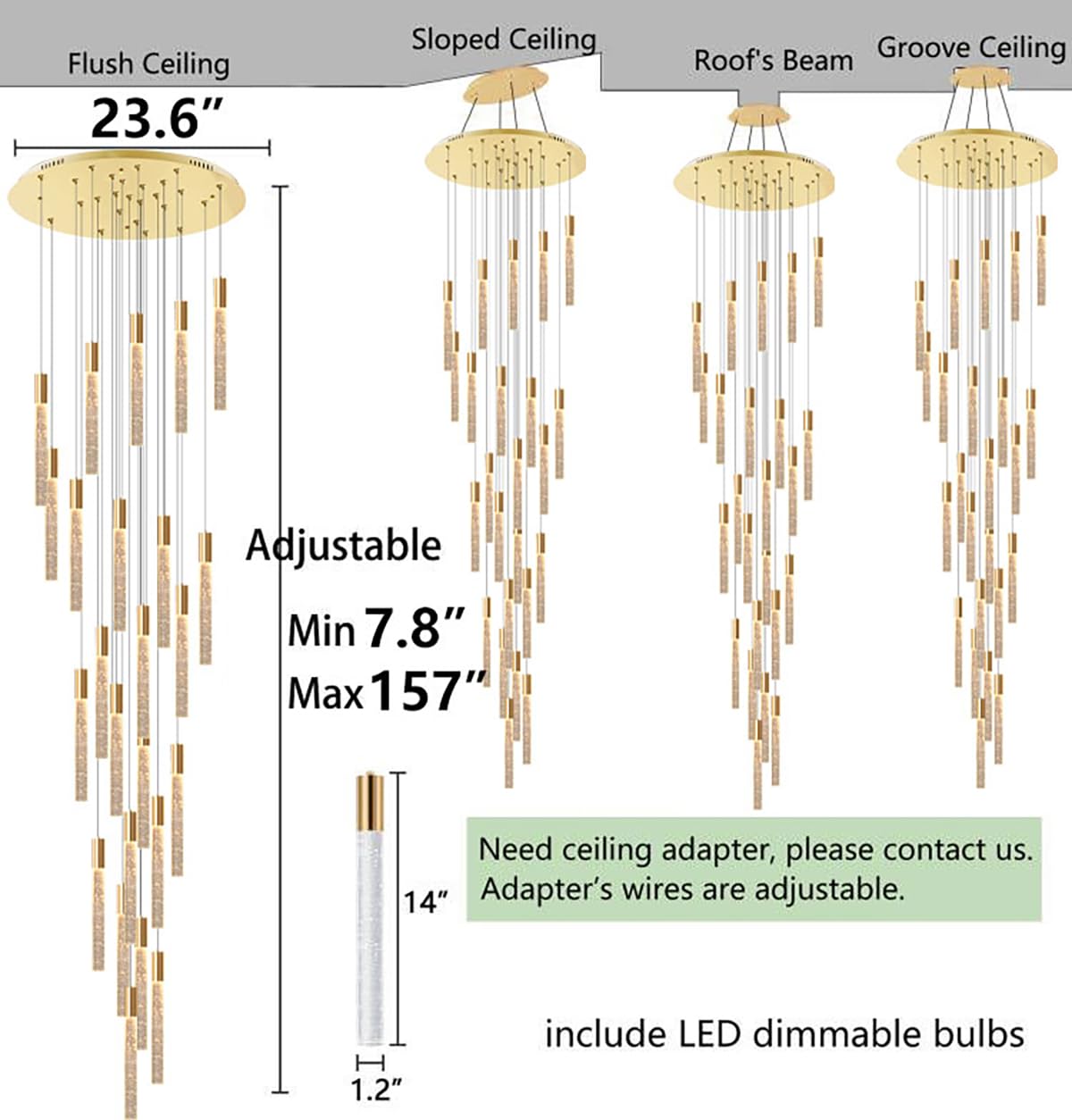 HAIXIANG 13FT Modern Crystal LED Chandelier, 24 Lights, Gold Finish, Stainless Steel for Entryway and Living Room