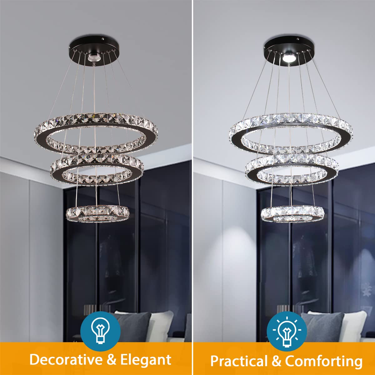 diisunbihuo Modern LED Crystal Pendant Light, 3 Rings, Adjustable Height, Black, Cool White, Model MP004-BK-CW for Dining/Bedroom/Living Room