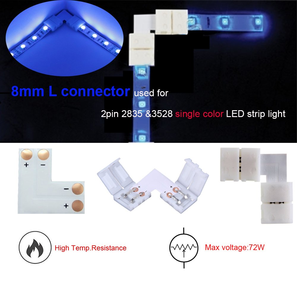 Fsjee 2Pin 8Mm Led Strip Connector Kit Include L Shape 2 Pin Right Angle Corner Connector, T Shape Connector, Solderless Gapless