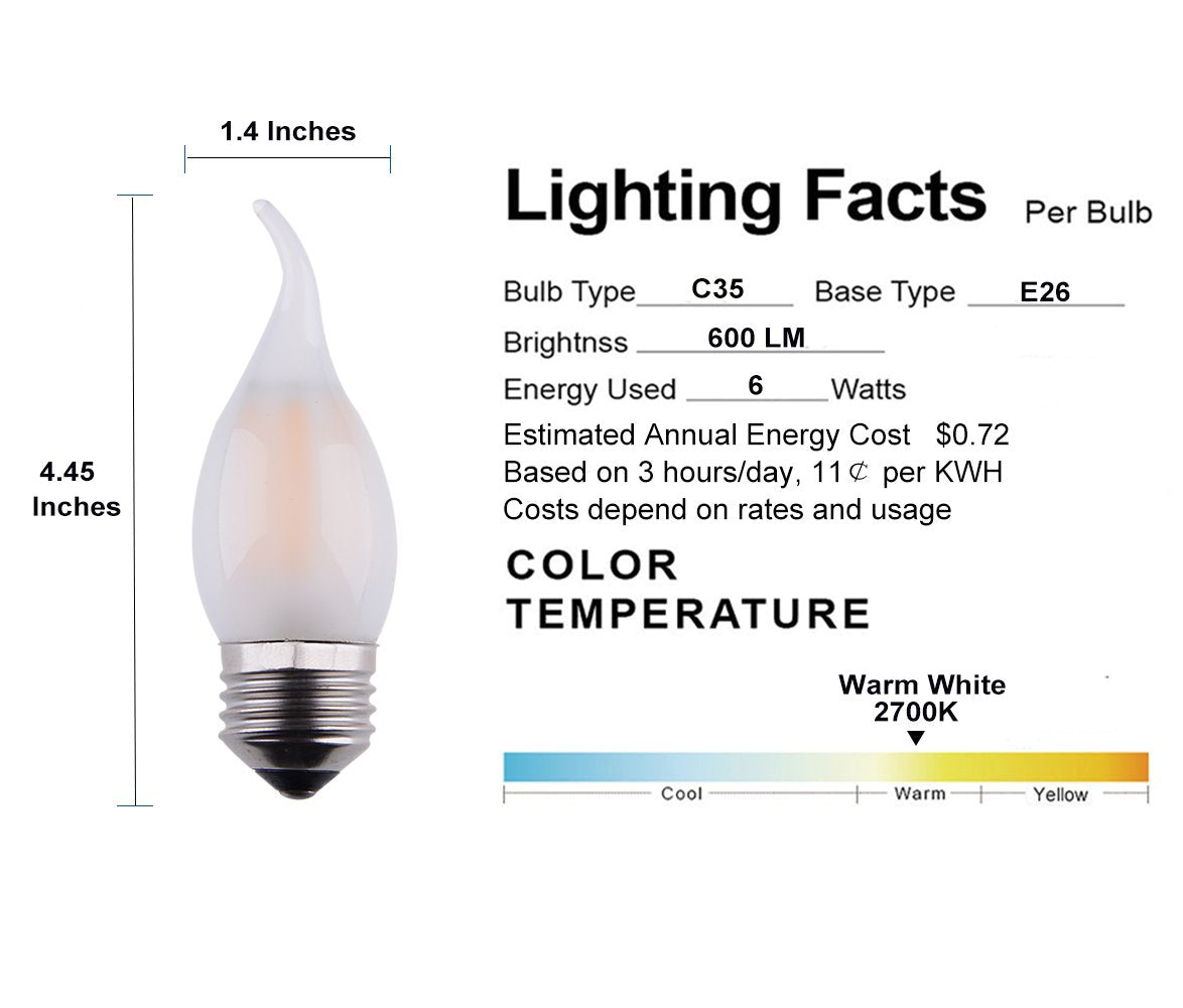 Opalray C35 6W Led Candelabra Bulb, Soft Warm White Light, Dimmable, 5-Pack