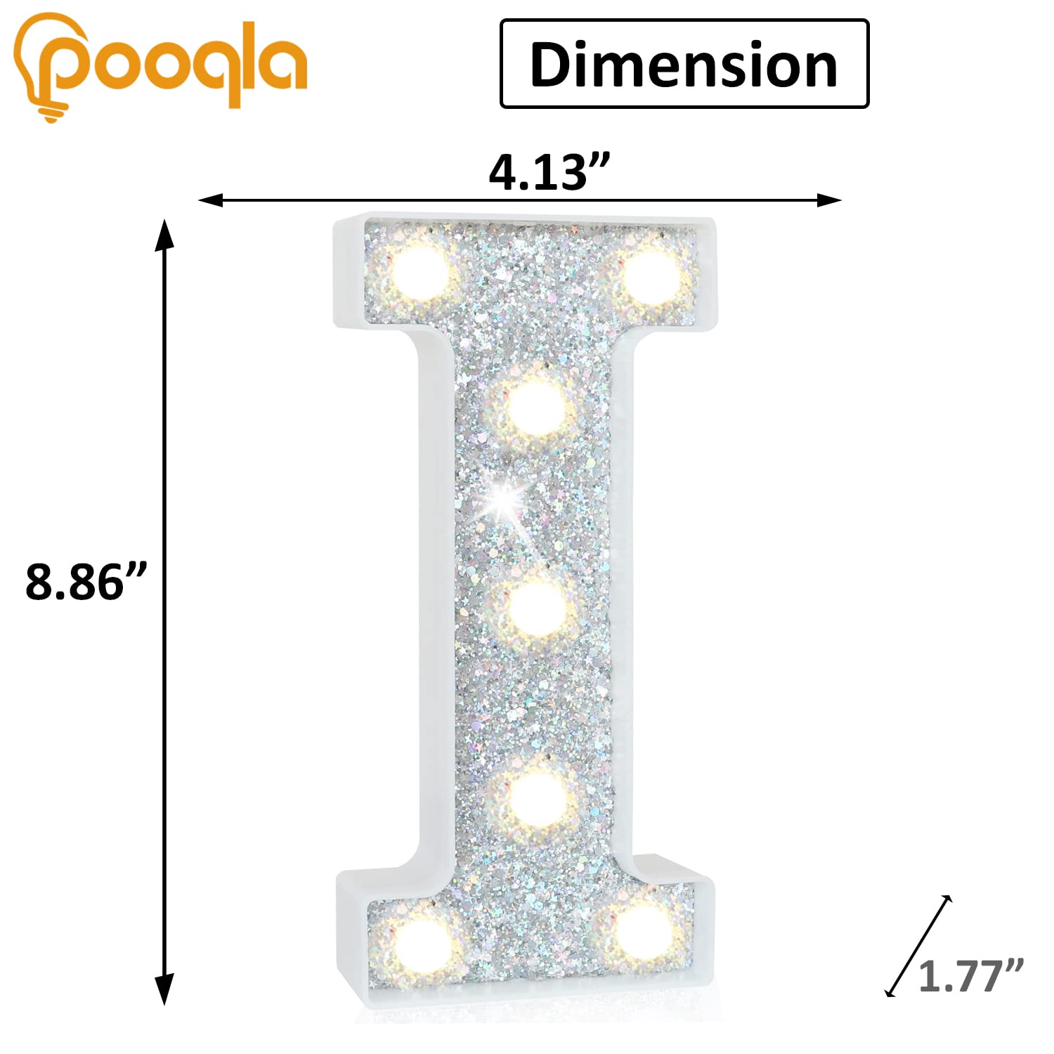 Pooqla LED Marquee Letter Lights, Battery Powered Silver Glitter Letter I for Home Decor, Parties, Weddings, Christmas, Sequin Silver