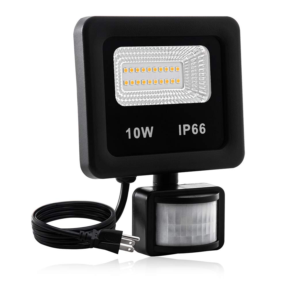 Leacoco 10W Motion Sensor Flood Light, Ip66 Waterproof, 1000Lm Warm White Security Light